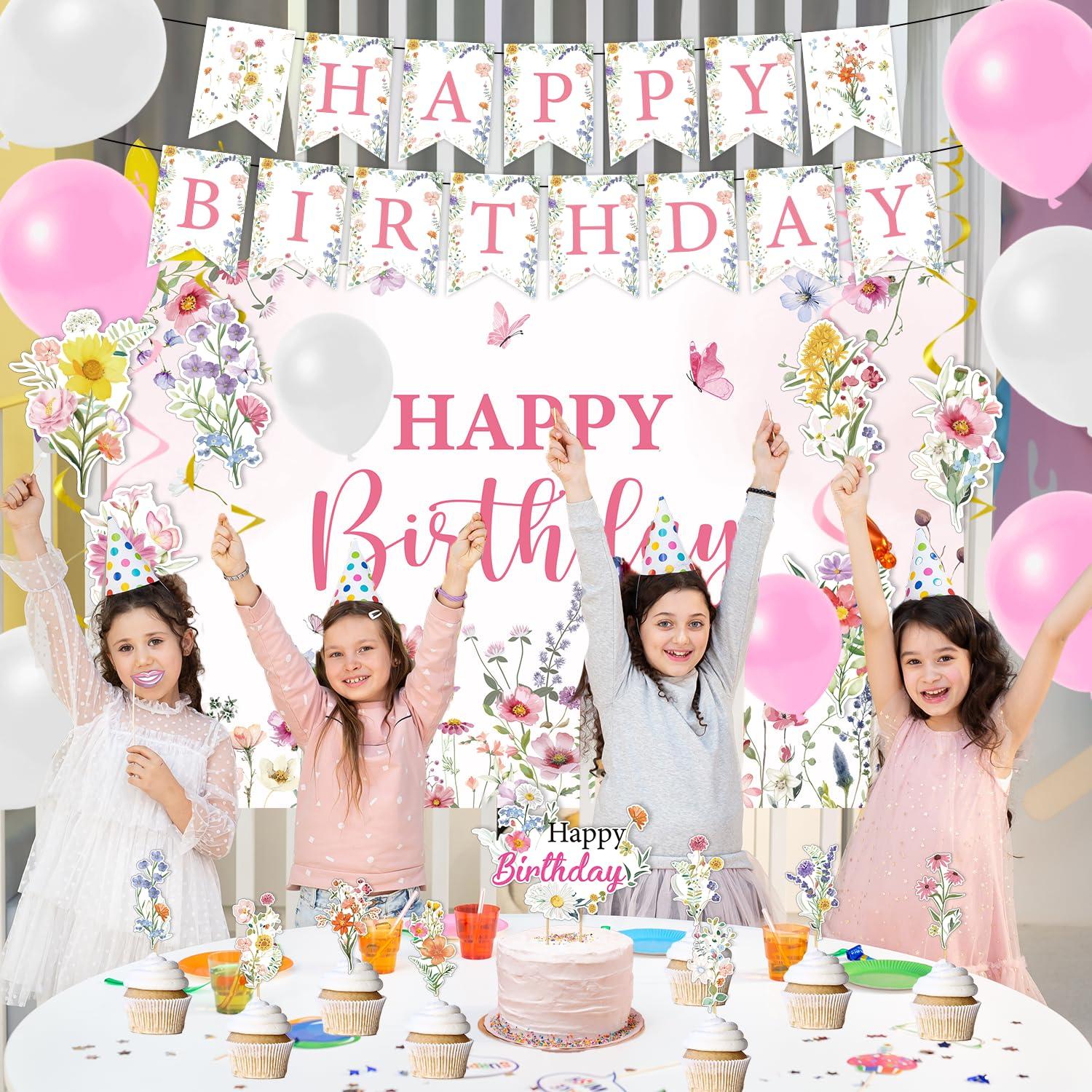 Rngmsi Flower Birthday Decorations Set - 42PCS Wildflower Floral Birthday Decor Party Supplies for Girls Women Happy Birthday Banners Balloons Backdrop Hanging Swirls Cake Topper Cupcake Toppers - Image 2