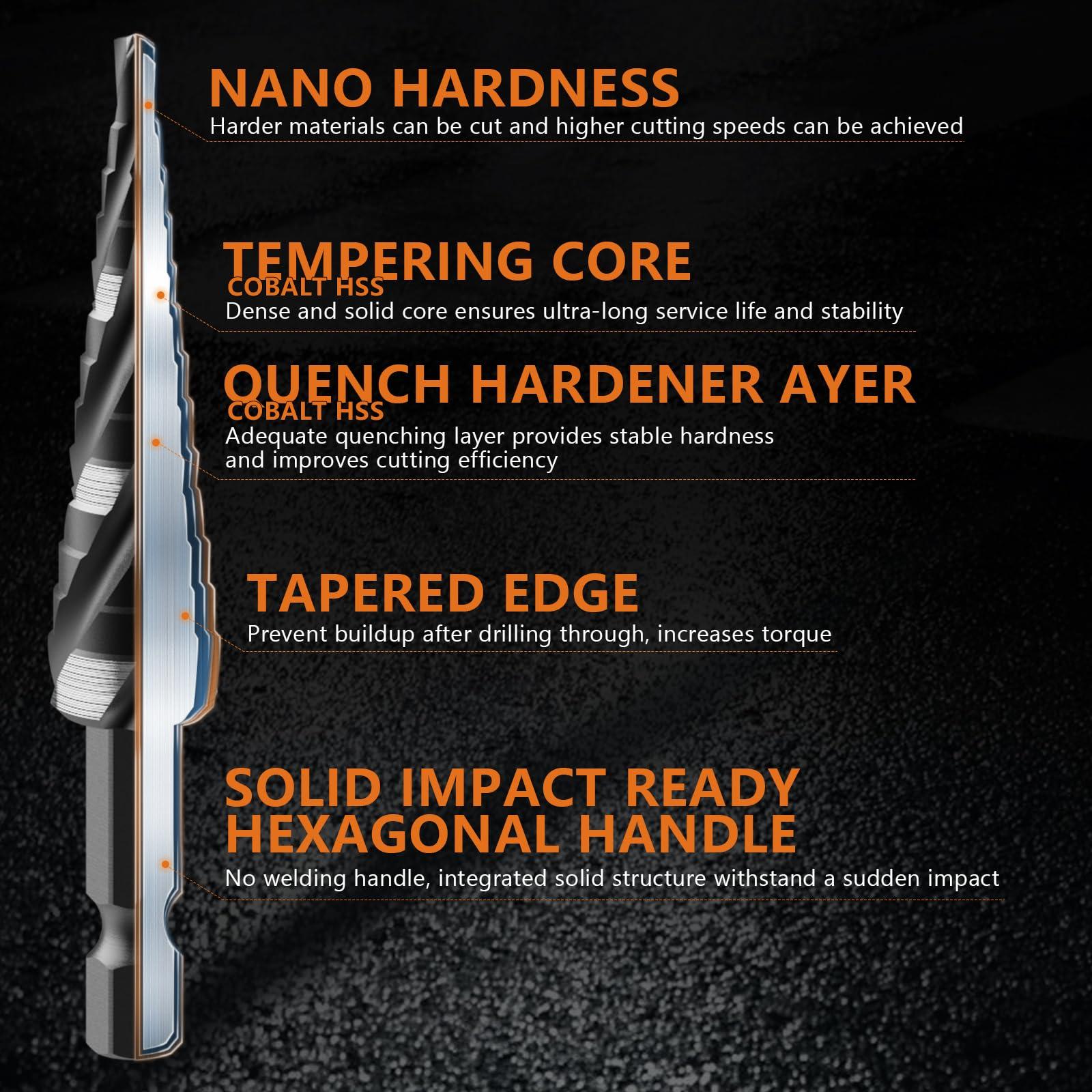 MABLEVI 5 Pcs Four Spiral Flute Step Drill Bit Set, 1/8"-1-3/8" HSS Unibit Step Drill Bit, 1/4" and 3/8" Shank Step Bit for Metal, Stainless Steel, Aluminum, Wood, Plastic - Image 2