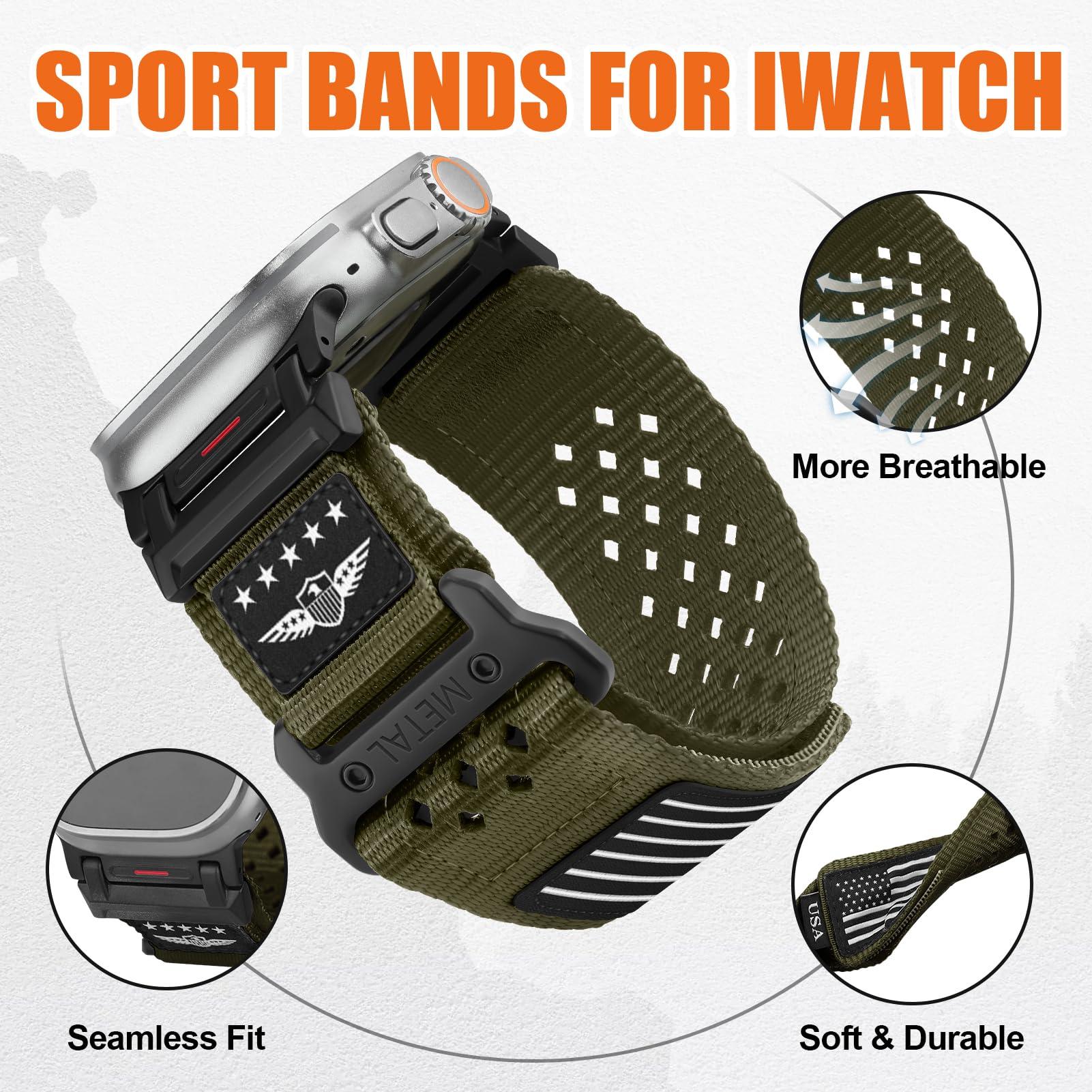Rugged Nylon Band for Apple Watch Ultra 2 Bands for Men 49mm 46mm 45mm 44mm 42mm,Breathable Stars-Stripes Flag Wristband Workout Athletic Strap for iWatch Bands Ultra Series 10 9 8 7 6 5 4 3 SE/Ultra2 - Image 4