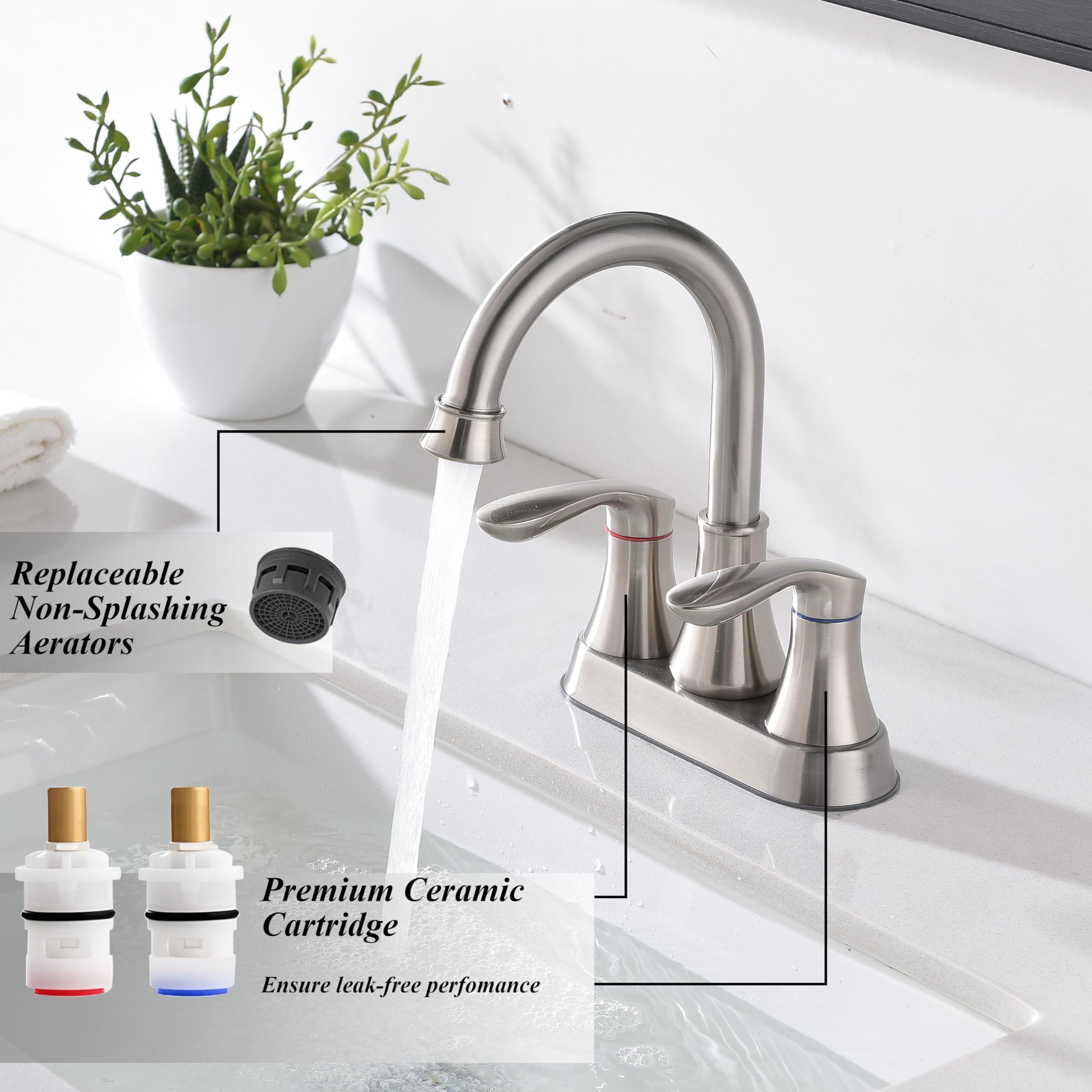 Friho Brushed Nickel Bathroom Faucet, Centerset Lead-Free Modern Commercial 2-Handle RV Bathroom Sink Faucet, 3 Hole 4 inch Bath Faucet with Drain Stopper and Water Hosess - Image 5