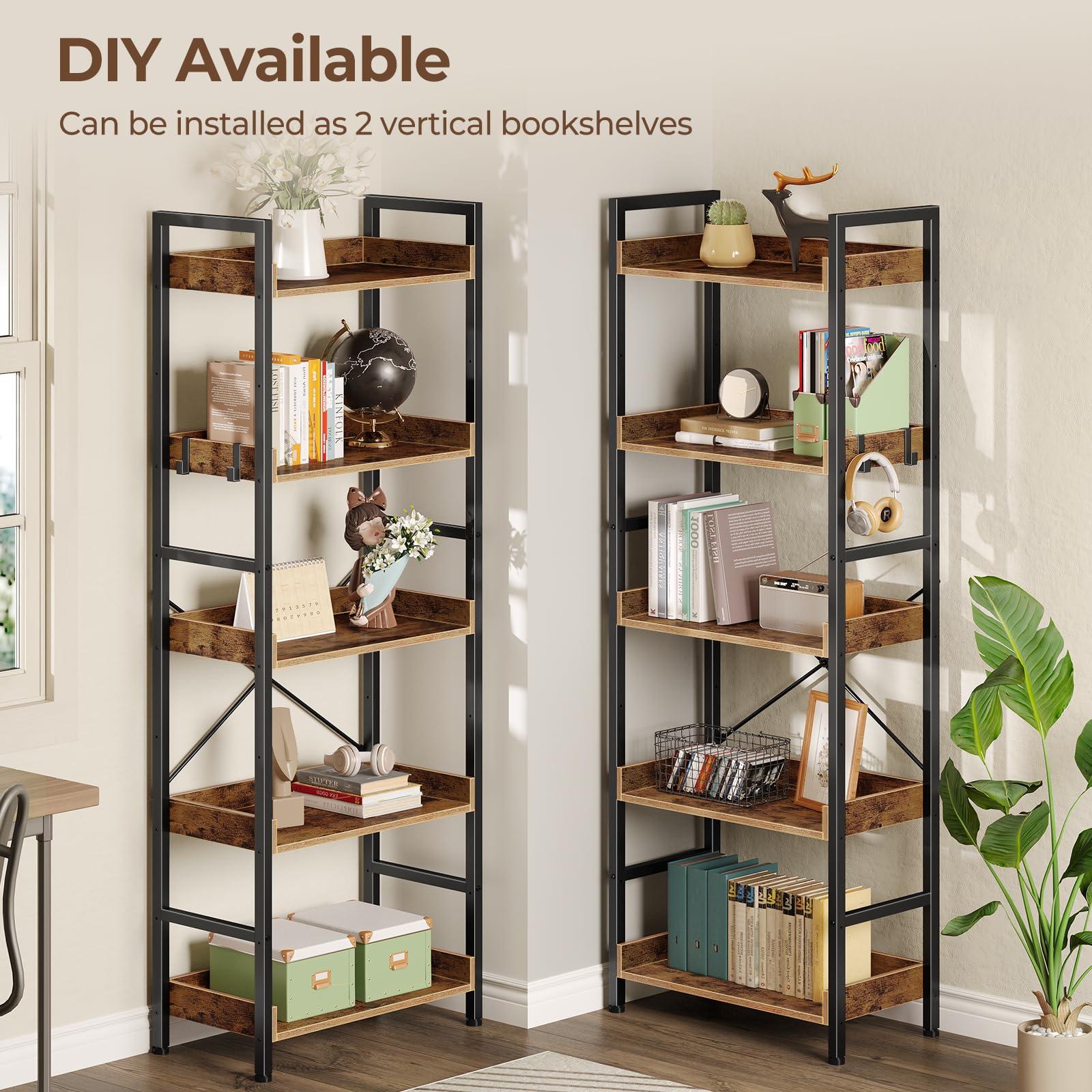 Rolanstar Bookshelf 5 Tiers with 4 Hooks, Triple Bookcase with Open Display Shelves, Industrial Wide Bookshelf with Metal Frame for Living Room, Office, Rustic Brown - Image 5