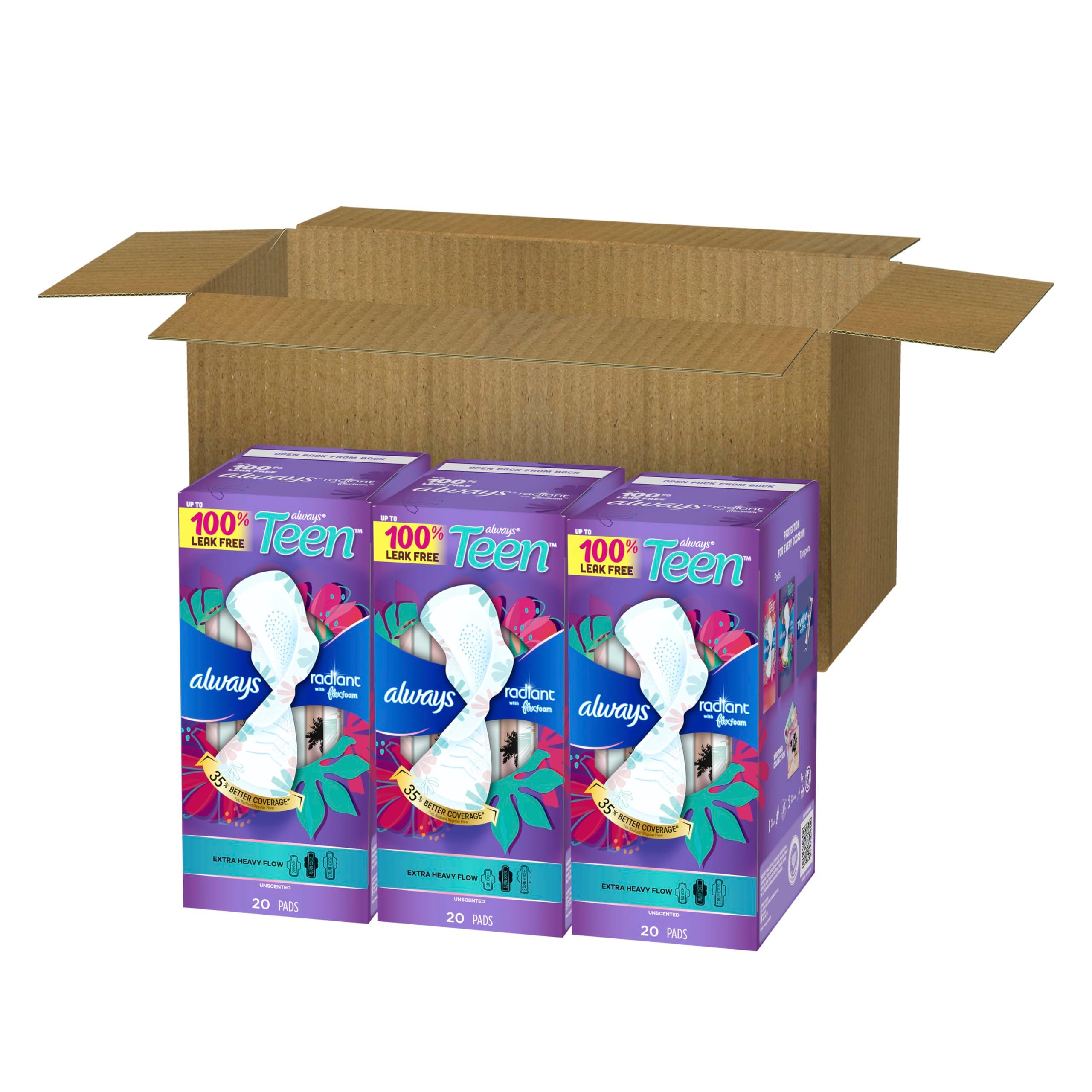 Always Radiant Teen Pads, Size 3, Extra Heavy, with Wings, Unscented, 20 Count x 3 Packs (60 Count Total) - Image 10