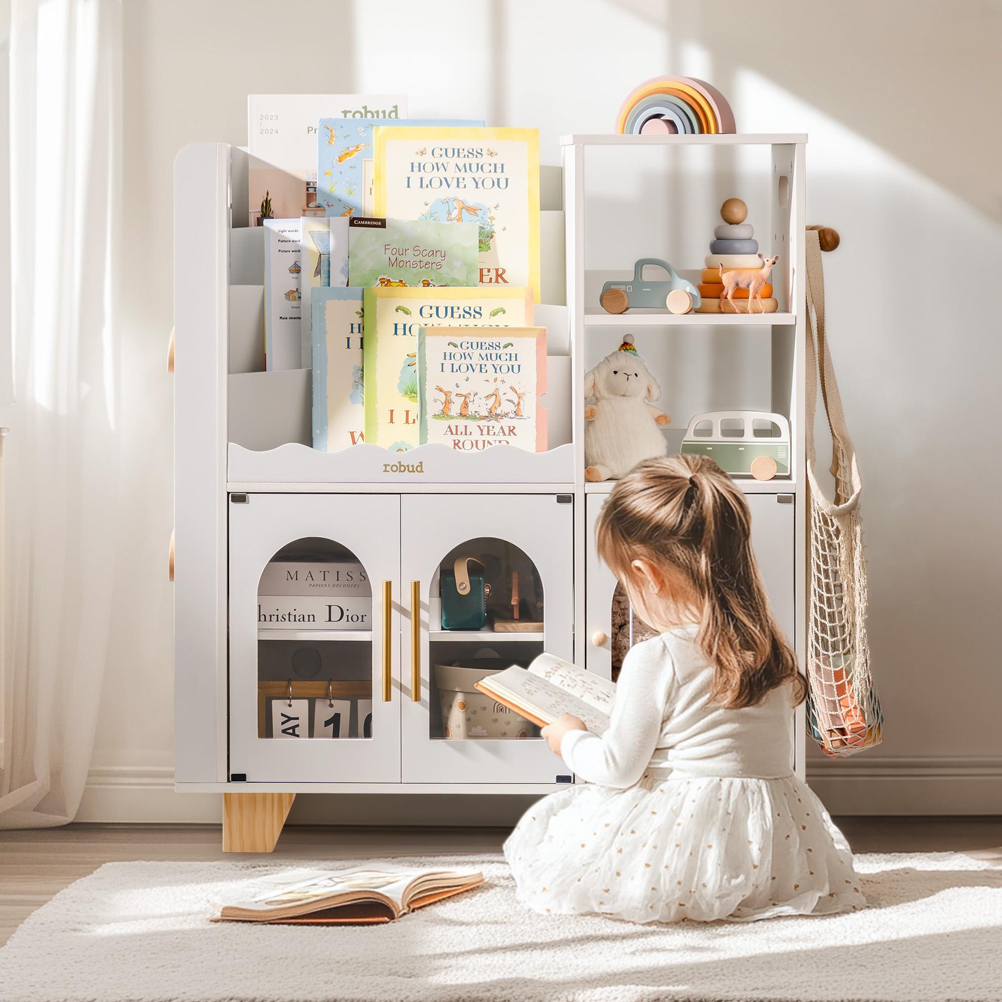 ROBUD Toy Storage Organizer, All-in-One Toy Organizers and Storage, Kids Wooden Bookshelf with 6 Storage compartments, Toy Chest Shelf Organizer for Playroom Bedroom, White - Image 3