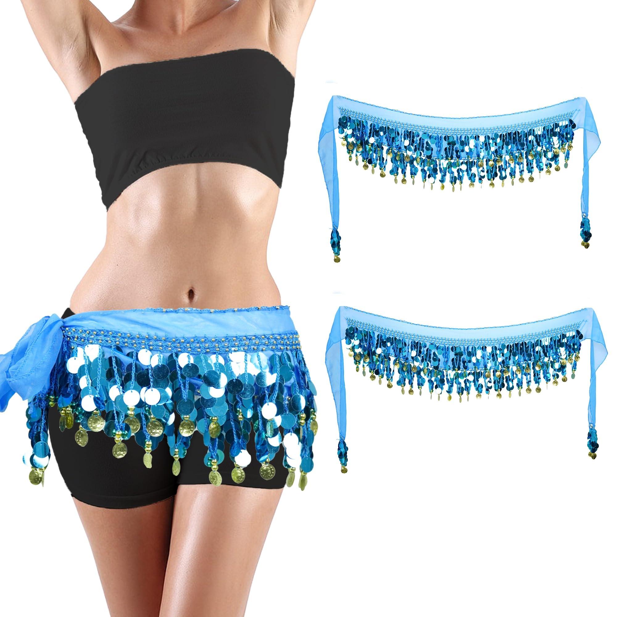 Baisdan Belly Dance Skirt 2Pack, Belly Dance Hip Scarf, Belly Dancer Costumes for Women, Belly Dancing Outfits, Coin Skirts