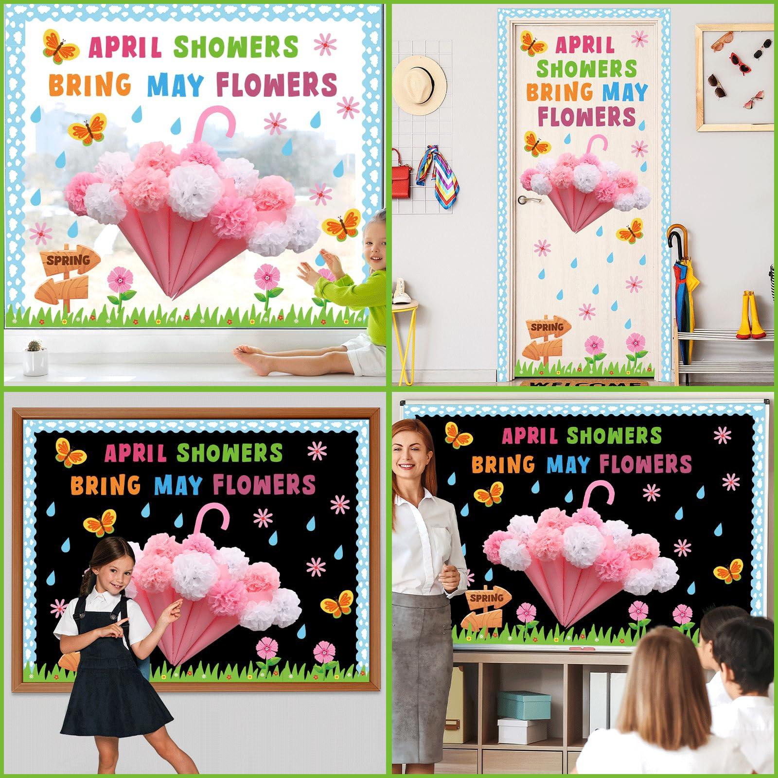 Naozinebi April Showers Bring May Flowers Bulletin Board with 3D Tissue Paper Pompoms Summer Floral Classroom Decoration Umbrella Clouds Flower Cutouts for Window Home Class School Nursery Supplies - Image 6