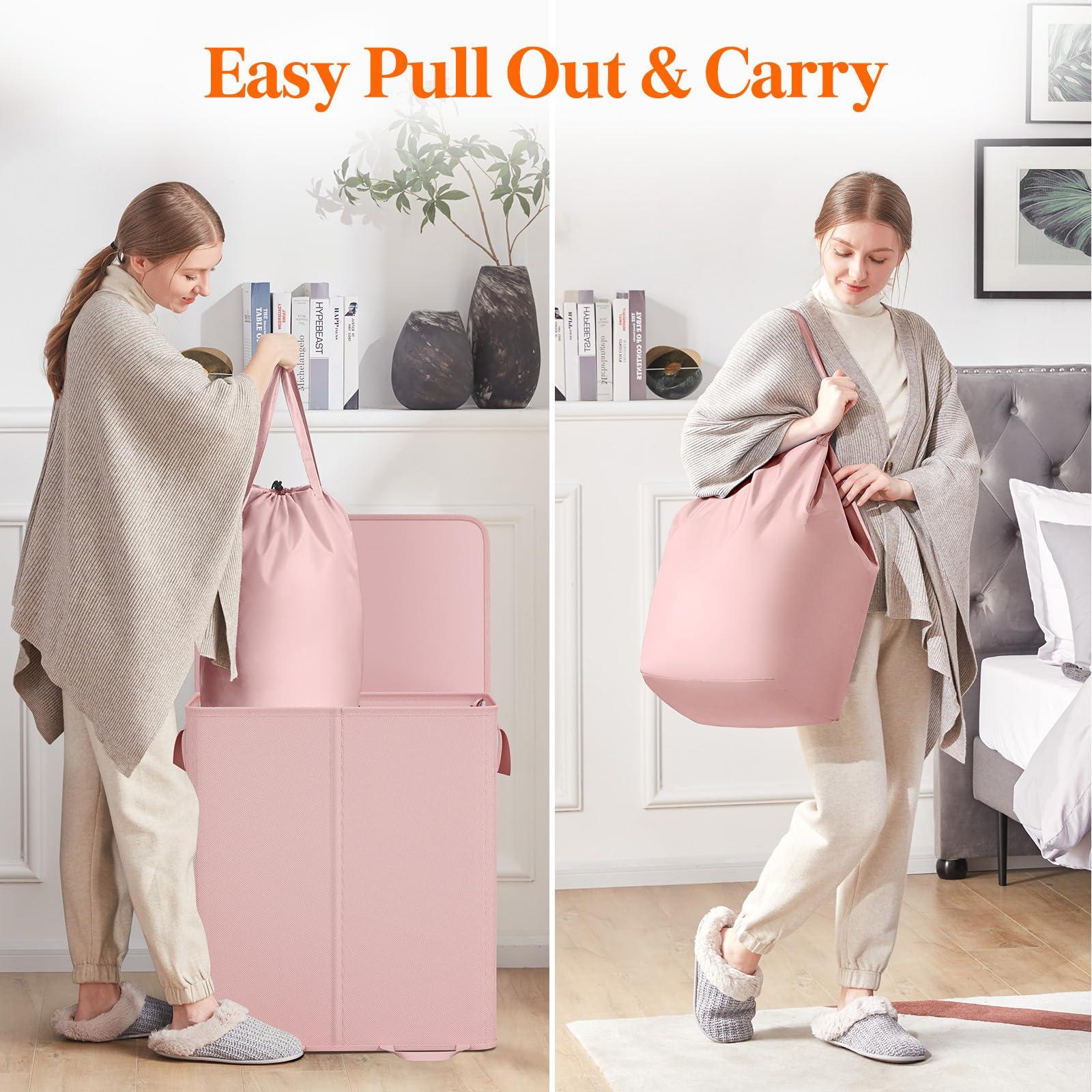 Lifewit Double Laundry Hamper with Lid and Removable Laundry Bags, Large Collapsible 2 Dividers Dirty Clothes Basket with Handles for Bedroom, Laundry Room, Closet, Bathroom, College, 136L Pink - Image 5