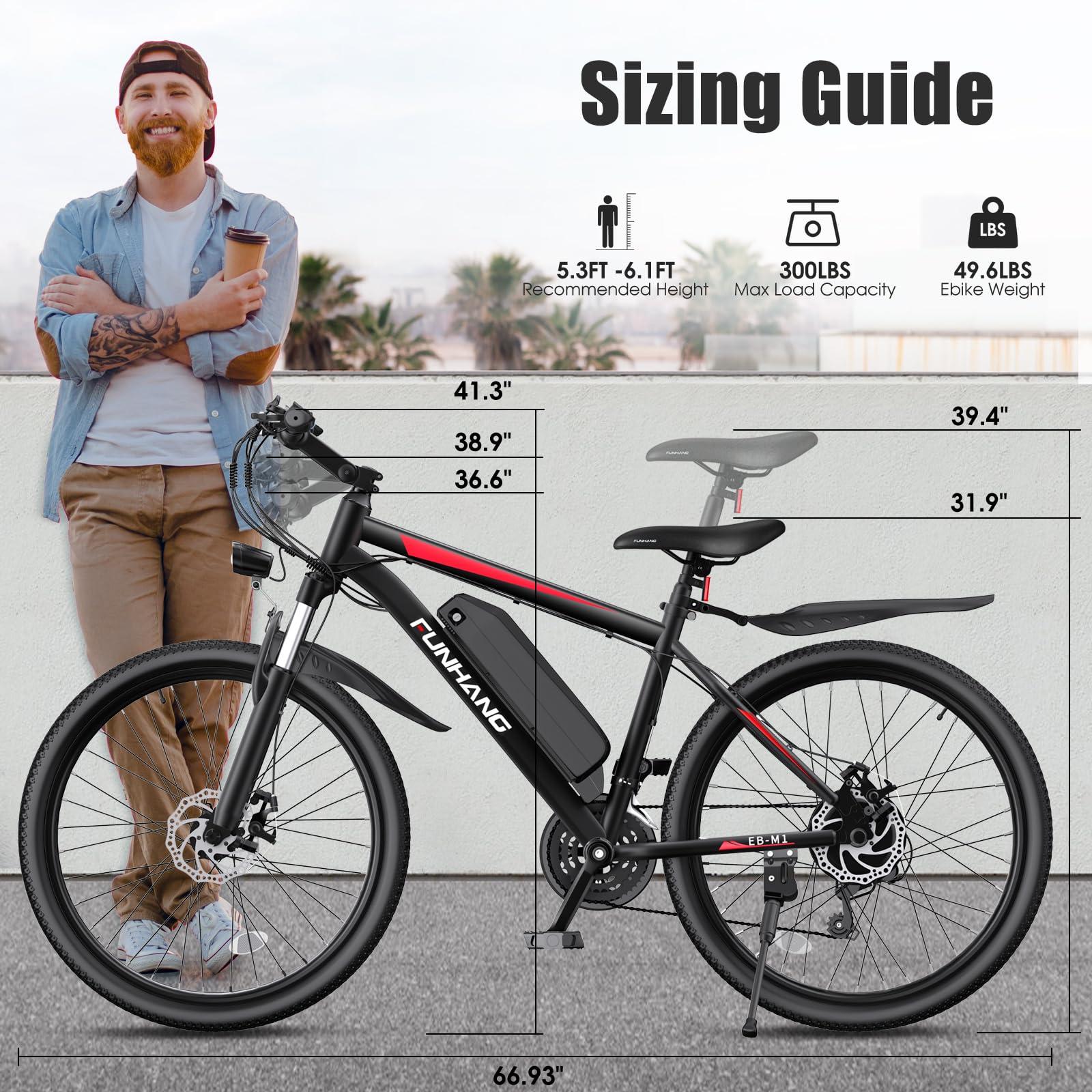 Funhang Electric Bike for Adults, Peak 1000W Ebike, 50Miles 21.7MPH Adult Electric Bicycles, 26" Electric Mountain Bike 48V 374.4WH Battery, Commuter E Bike with Adjustable Stem, Fenders, 21 Speed - Image 7