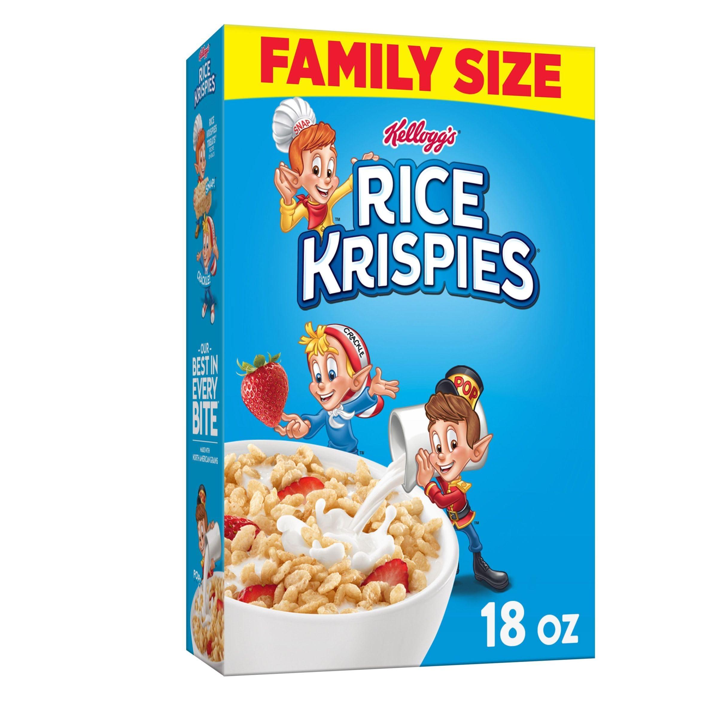 Kellogg's Rice Krispies Cold Breakfast Cereal, 8 Vitamins and Minerals, Rice Krispies Treats, Family Size, Original, 18oz Box (1 Box)