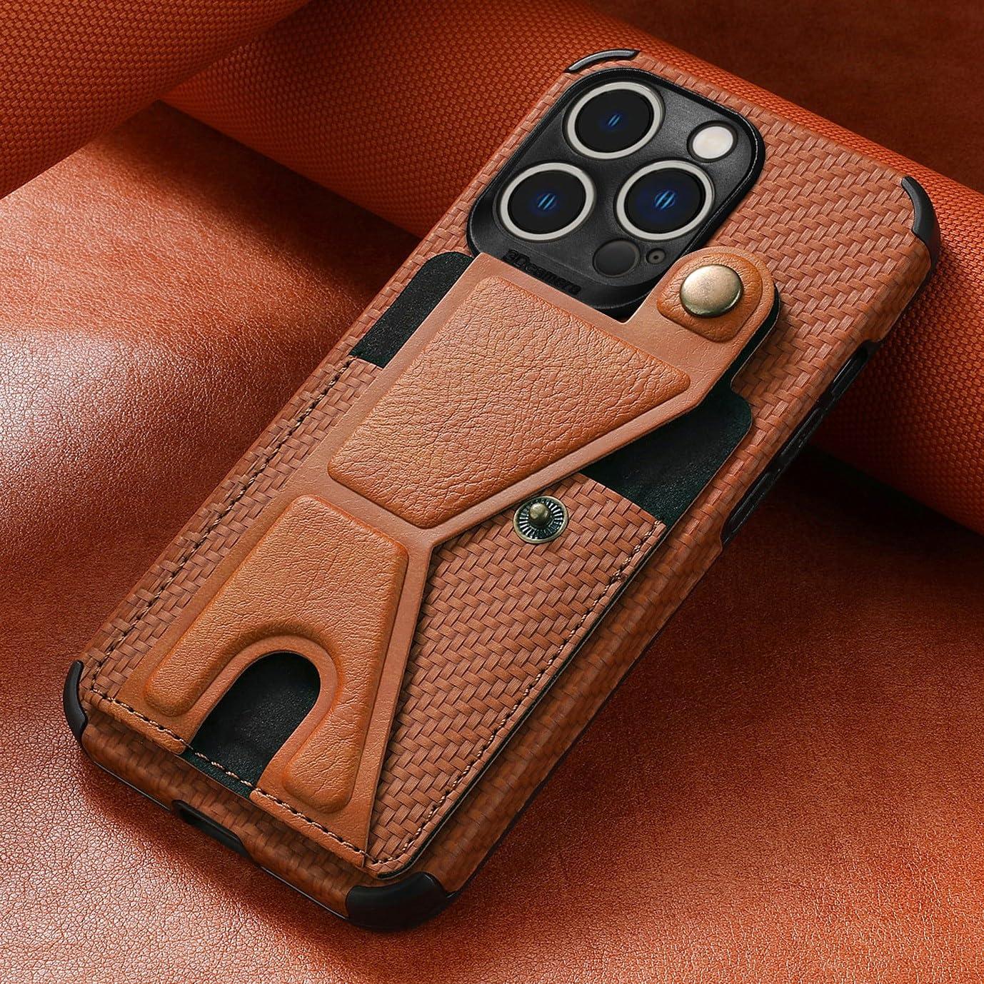 GuluGuru for iPhone 16 Pro Max Leather Phone Case Weave Pattern Back Cover, Flip Folding Kickstand Bracket Ring, Classic Buckle Button, Card Holder Slot, Support Magnetic Holder Brown - Image 3