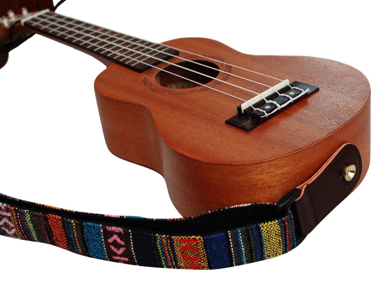 MUSIC FIRST Classic Country Style Soft Yarn-dyed Fabric & Genuine Leather Ukulele Strap Version 2.0 With Genuine Leather Strap Locker - Image 4