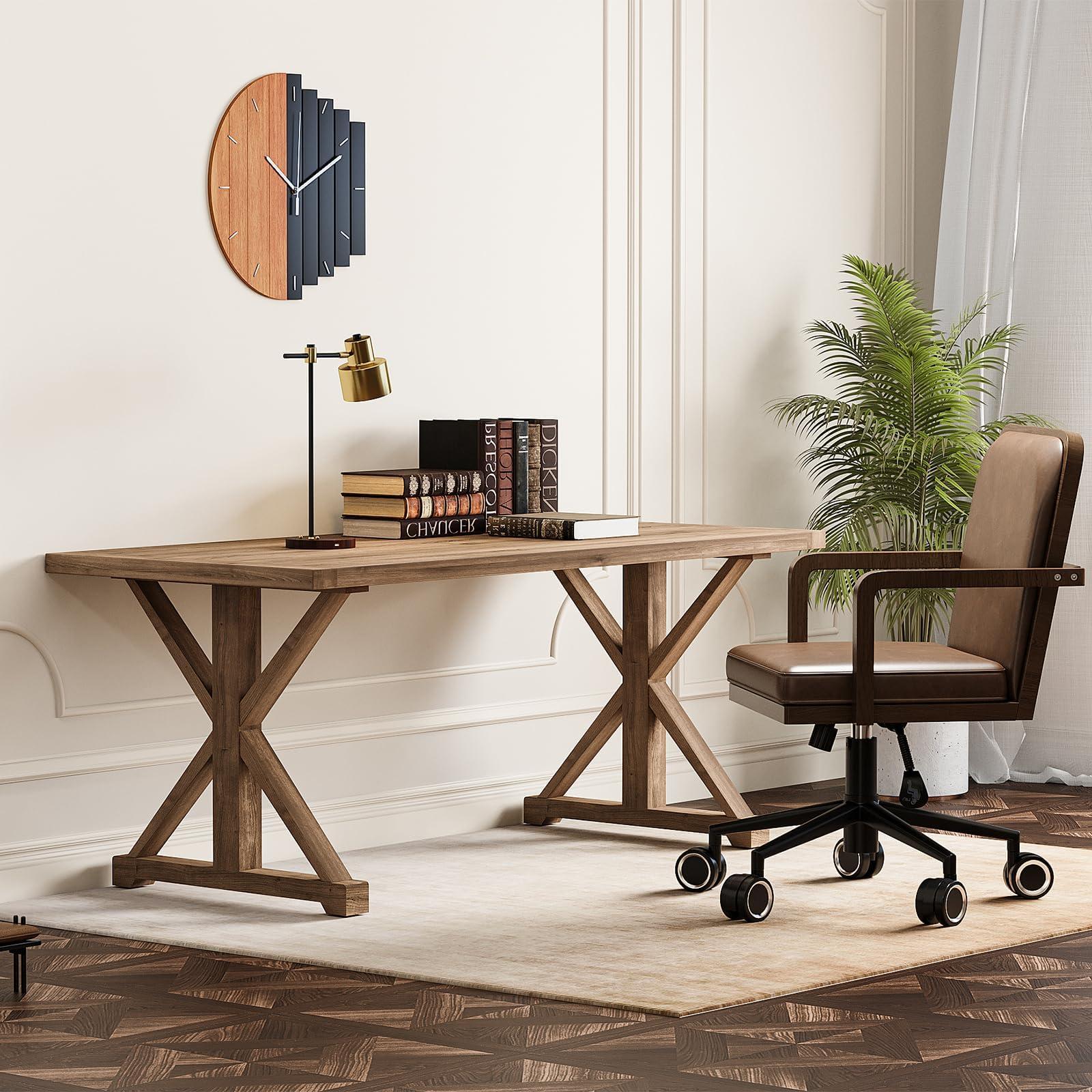 homary 70.9" Home Office Desk, Rustic Farmhouse Wooden Table Writing Executive Desk Made of Solid Wood with Trestle in Natural for Office/Dining Room/Study Room - Image 7