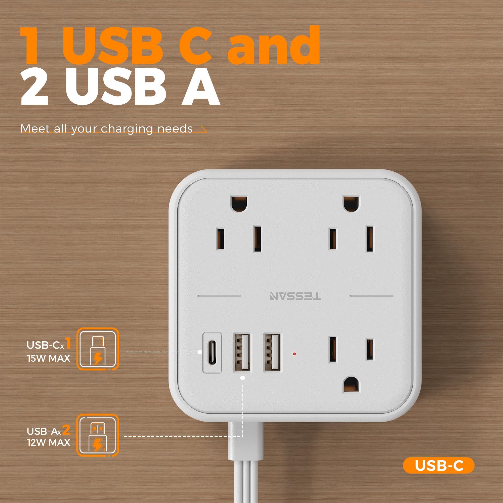 Extension Cord with Multiple Outlets 5 FT, TESSAN Small Flat Plug Power Strip with 3 USB (1 USB C) and 3 AC, Surge Protector Charging Station for Office, School, Dorm Room Essentials, White - Image 6