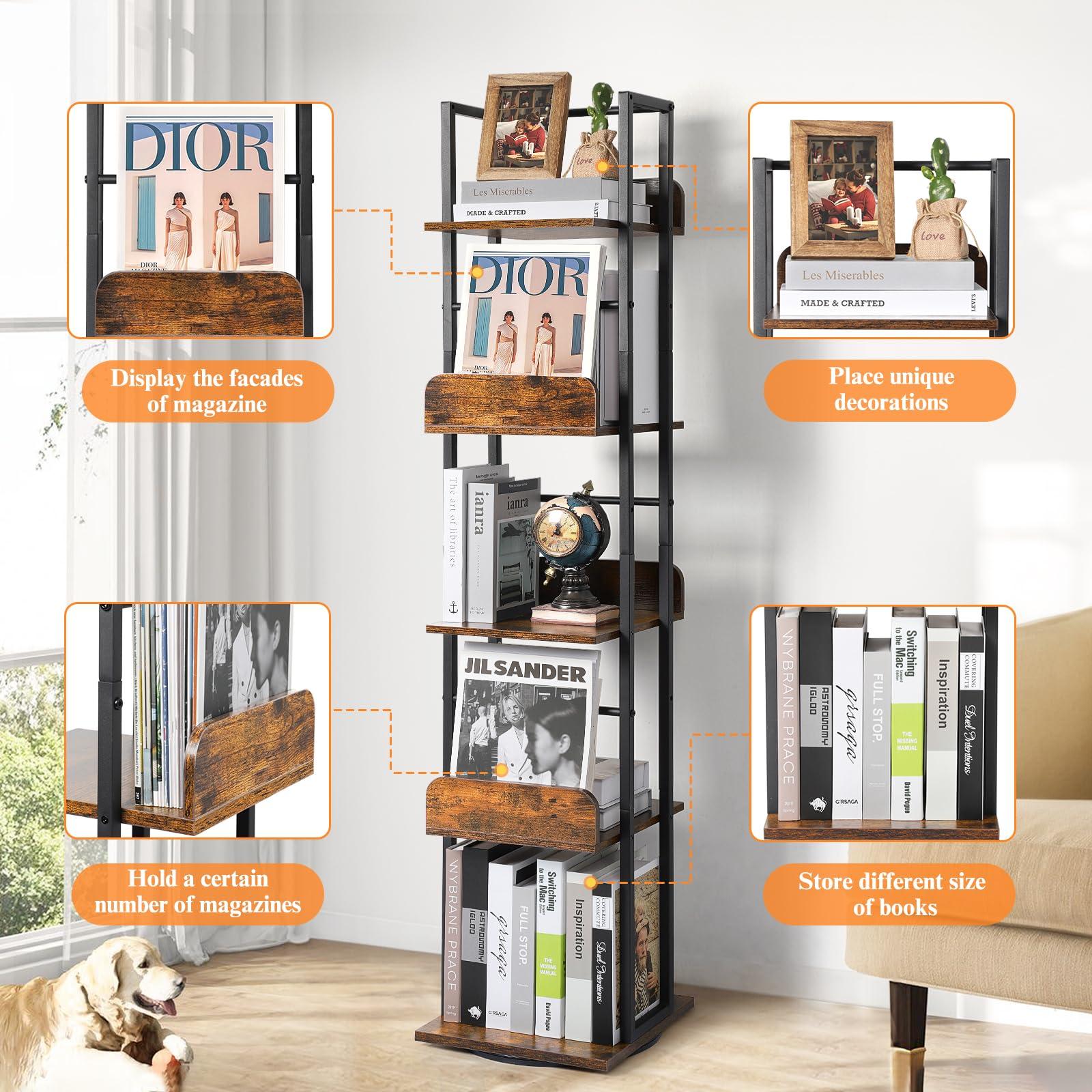 Bikoney Rotating Bookshelf, 360 Display Spinning Bookshelf Tower, 5-Tier Narrow Bookcase, Tall Industrial Book Shelf Organizer, Small Corner Book Shelves for Living Room, Black - Image 5