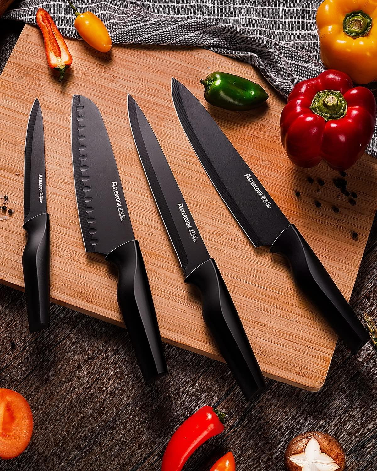 Astercook Knife Set, Kitchen Knife Set with Built-in Sharpener Block, Dishwasher Safe, 15 Pieces German Stainless Steel Knife Block Set, Black - Image 8