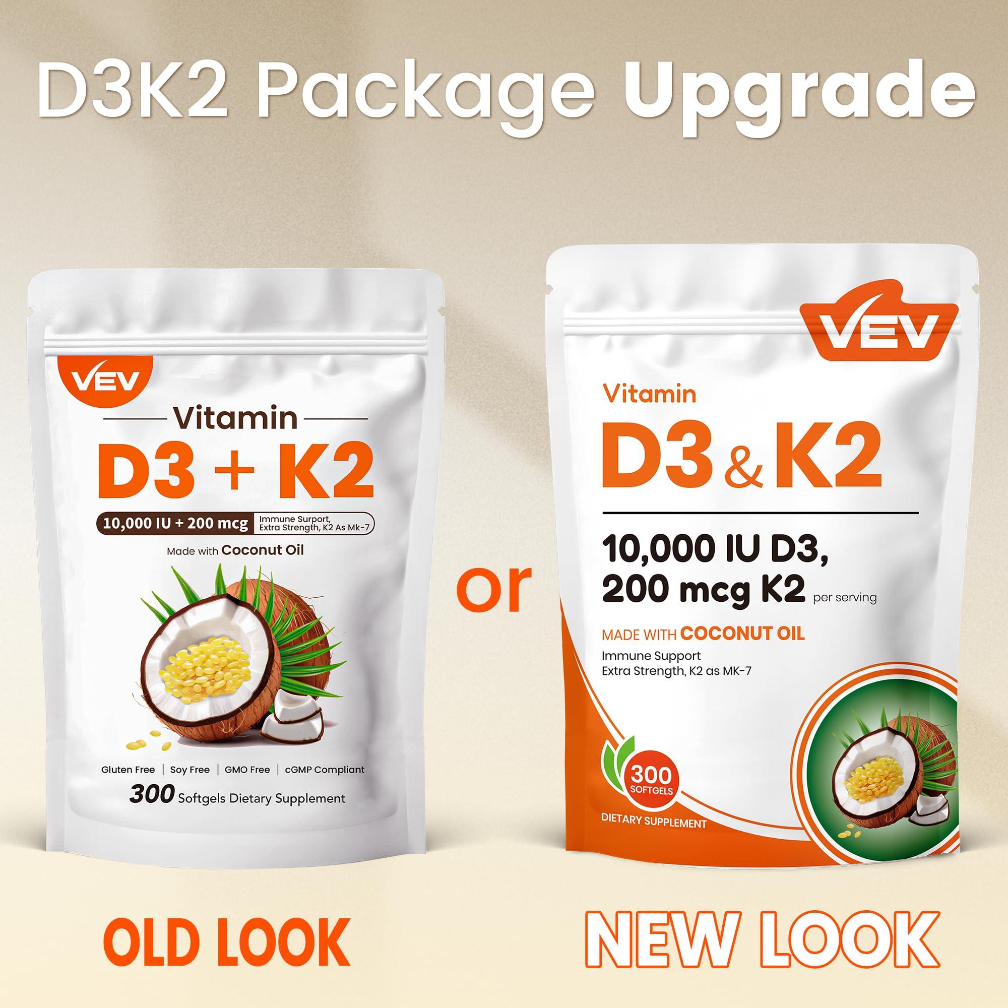 VEV Vitamin D3 Con K2 10000 IU, 300 Virgin Coconut Oil Softgels, 2 in 1 Vitamins Supplement D & K (Include MK7), Easy to Swallow, Supports Calcium Absorption, Bone Health(Packaging May Vary) - Image 3