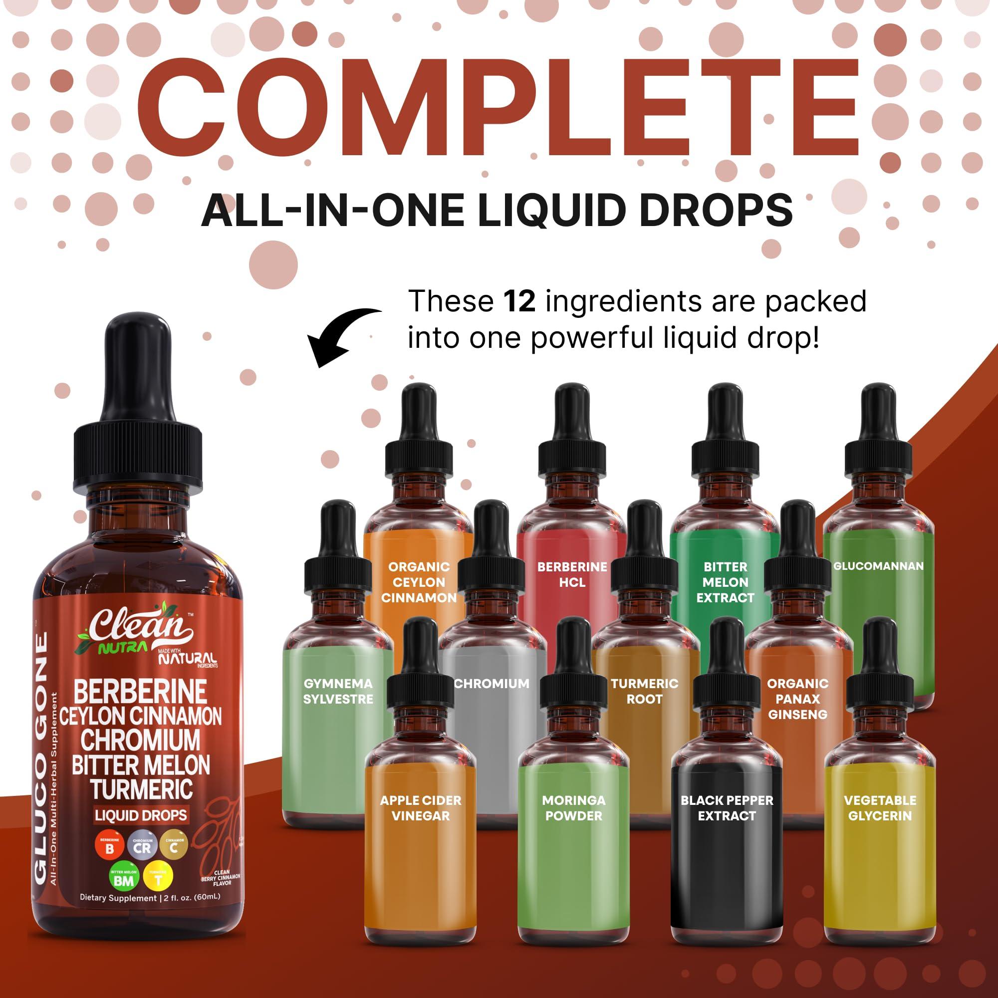 Clean Nutra Berberine with Ceylon Cinnamon Supplement Liquid Drops + Bitter Melon Extract, Glucomannan, Gymnema, Chromium, Turmeric, Organic Panax Ginseng, Moringa GLP-1 Support - Image 2