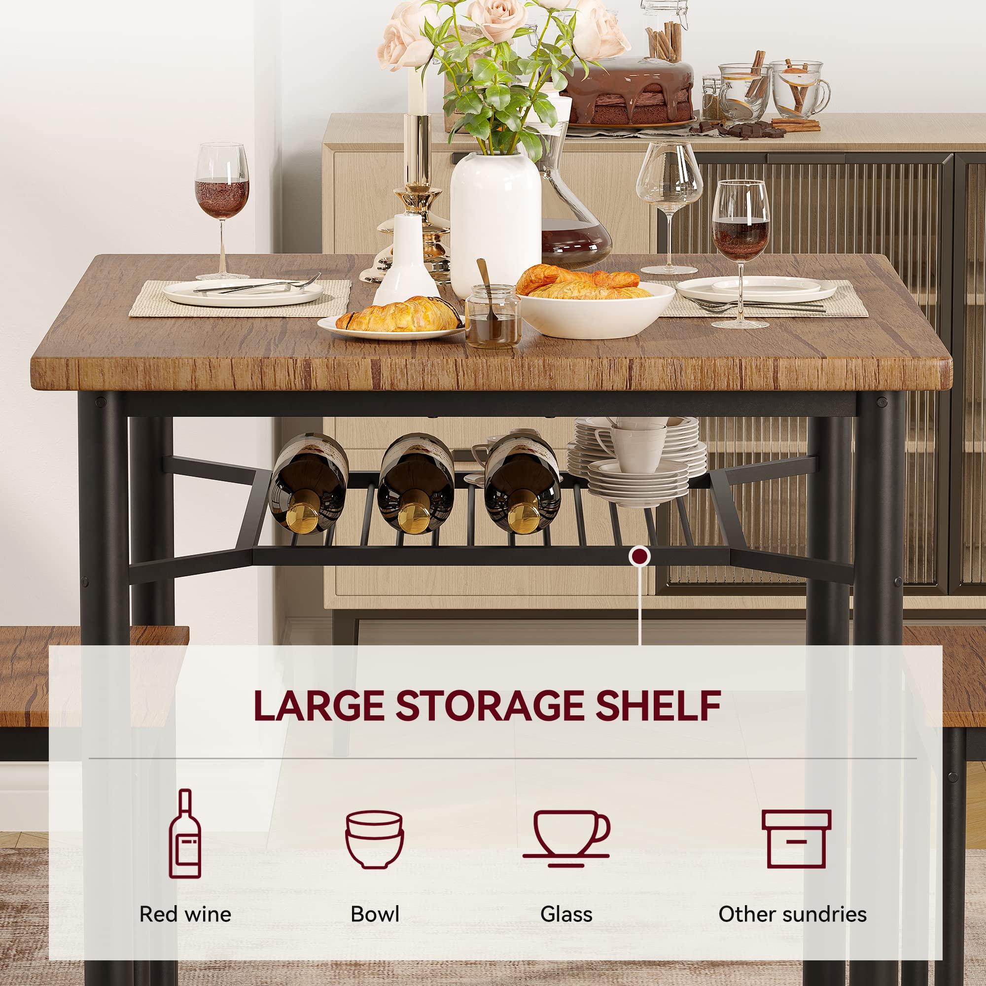 CABIHOME Dining Table Set for 4, Rectangle Kitchen Table Set with Wine Rack, Sturdy Chairs, Rustic Brown - Image 7