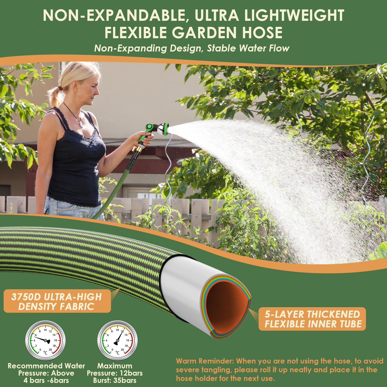 PALRORY Non-Expandable Garden Hose 100 ft, Ultra Lightweight Flexible Water Hose with 10-Pattern Nozzle, Leak-Proof, High-Density Fabric, Thickened Connector, Shut-Off Valve for Yard, Lawn, Outdoor - Image 4