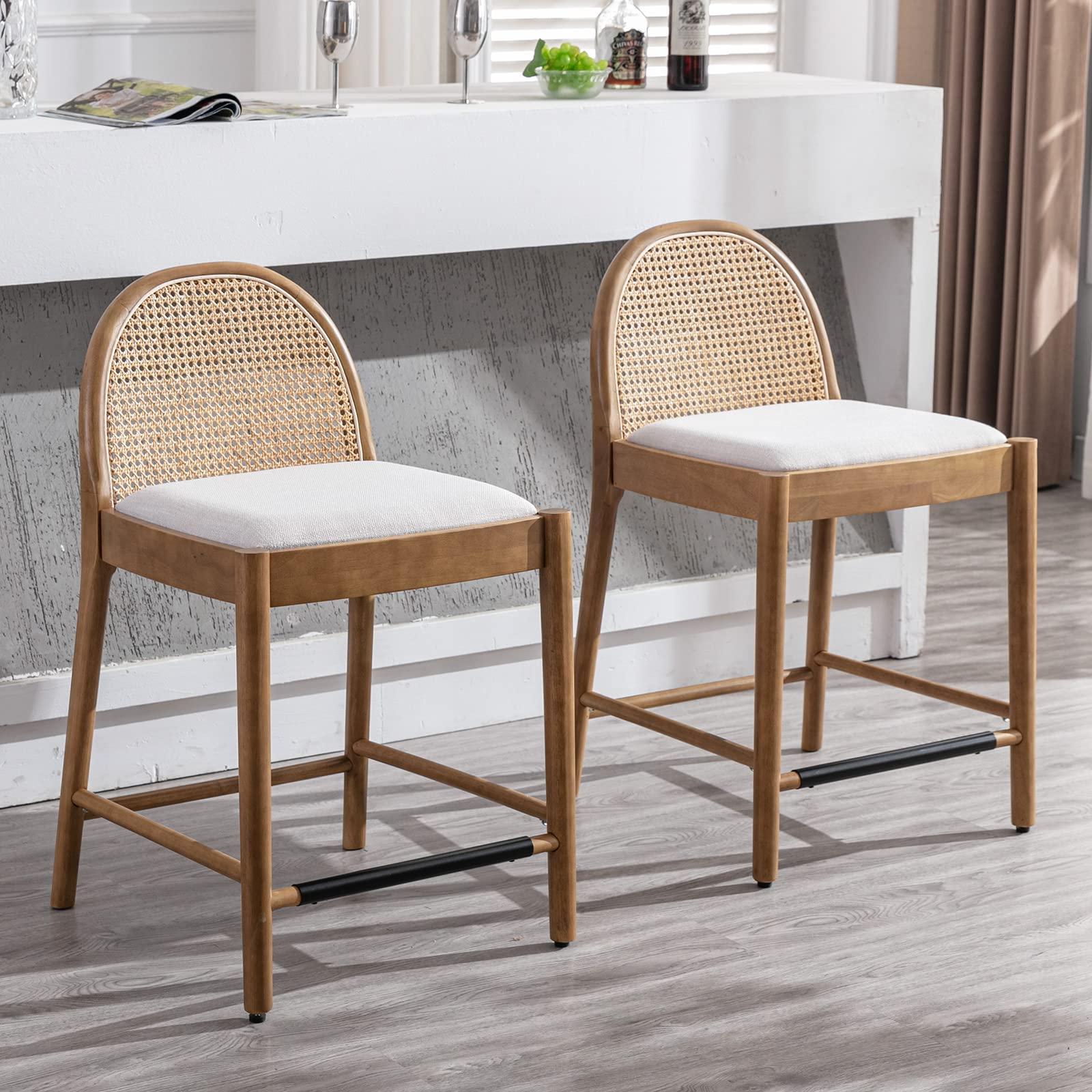 DUOMAY Modern Counter Stools Set of 4, 26 Inch Seat Height Counter Height Barstools Wooden Linen Upholstered Bar Stools with Oval Rattan Backrest Armless Kitchen Island Stool Chair, Beige - Image 2