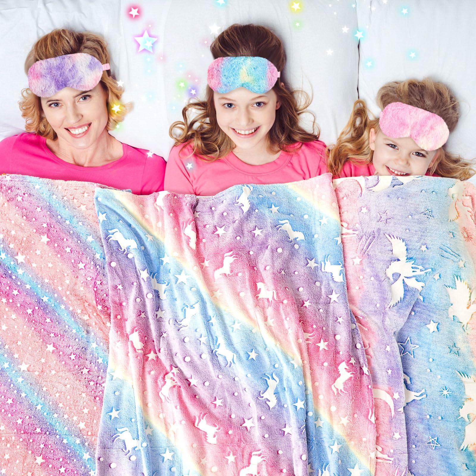 Fanfanwin 18 Pcs Sleepover Party Supplies for Girls, 6 Glow in The Dark Pink Blanket 6 Coral Fleece Spa Headband 6 Plush Eye Mask Covers for Sleeping Slumber Sleepover Spa Party Gift(Cute) - Image 2