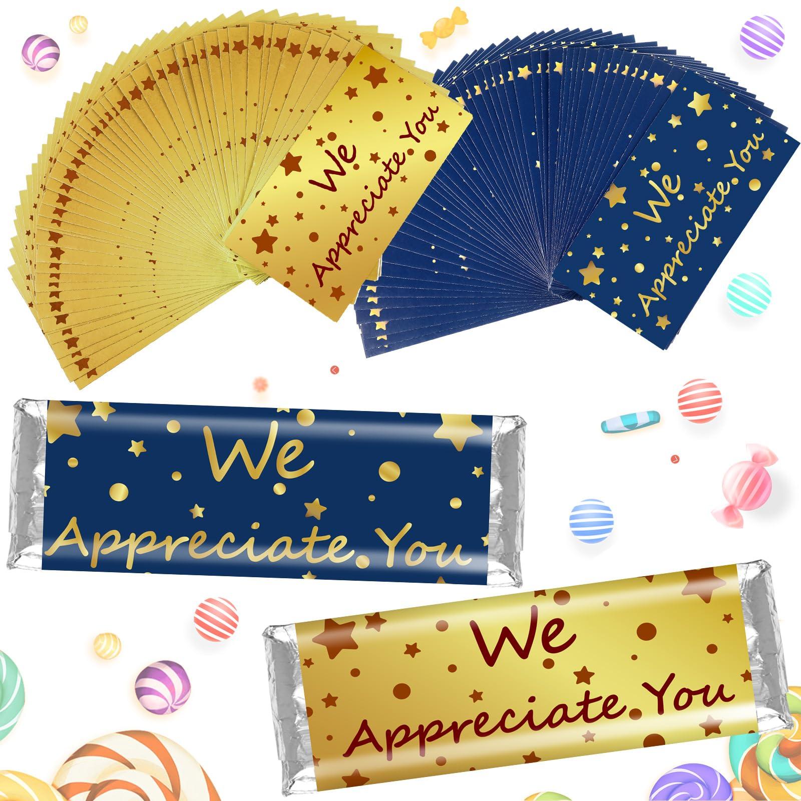 Moinchore 100 Pcs Thank You Candy Bar Wrappers CNA Appreciation Week Gifts We Appreciate Chocolate Bar Wrappers Blue Gold DIY Employee Appreciation Gifts in Bulk Dots Stars for Thank You Favors
