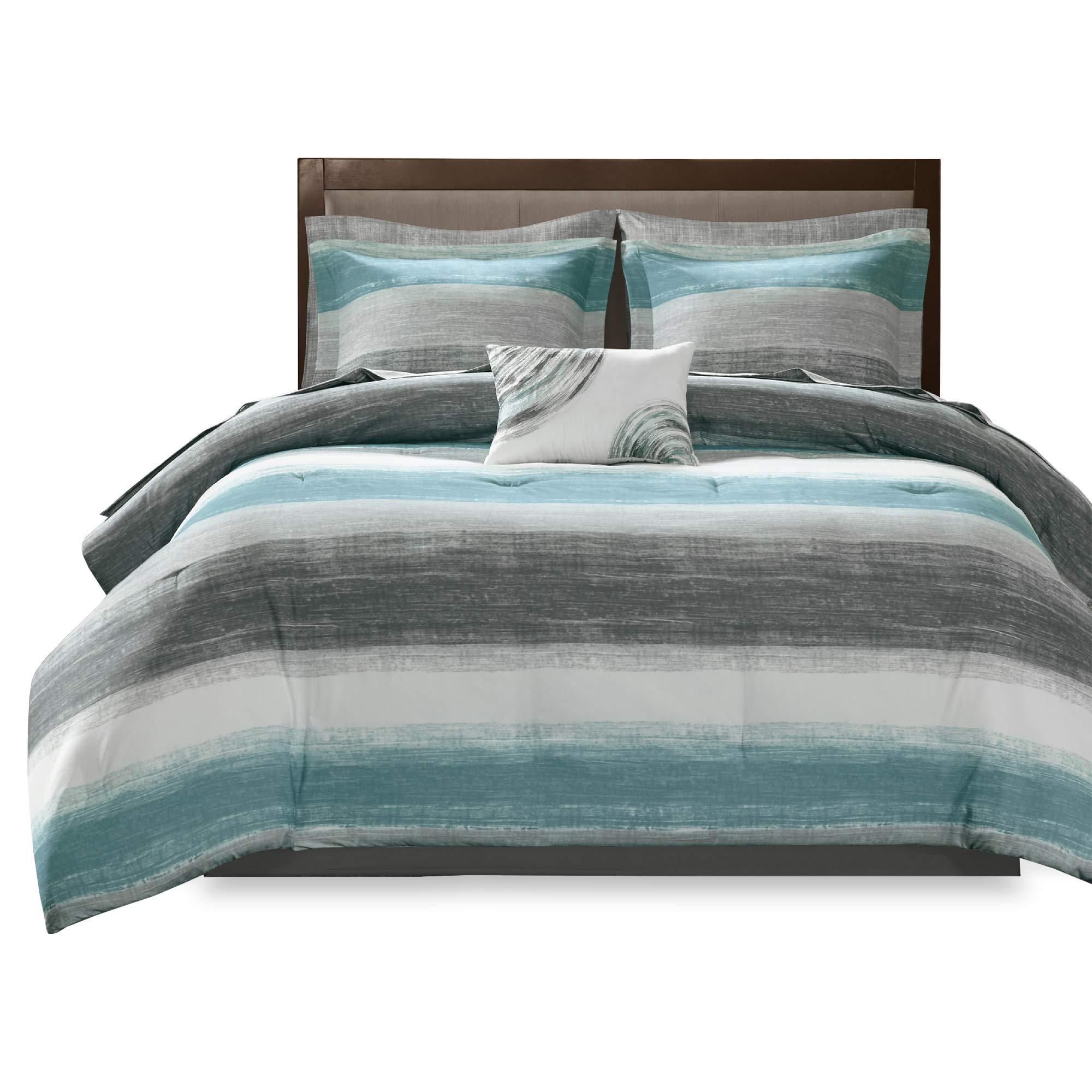 Madison Park Essentials Queen Comforter Set, Bed in a Bag Queen, Watercolor Print Coastal Comforter & Chambray Cotton Sheet Set, All Season Bedding Set, Saben, Aqua Queen (90 in x 90 in) 9 Piece - Image 9