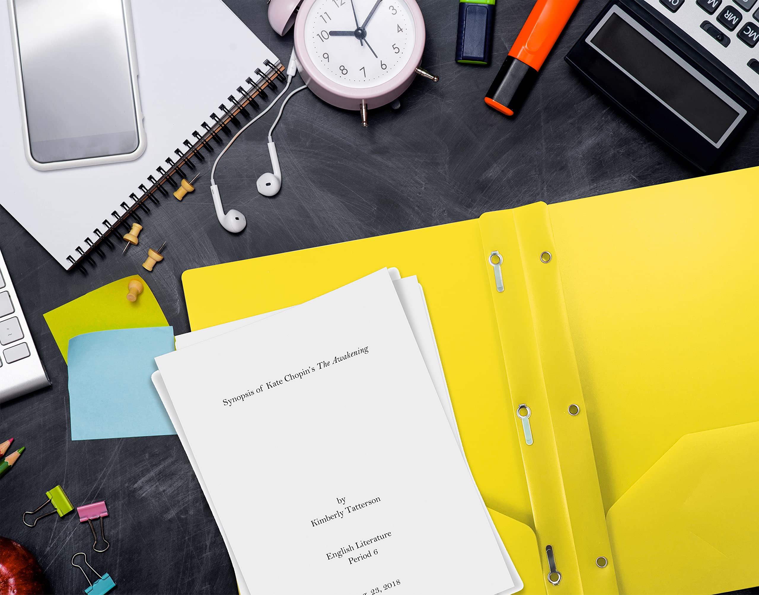 Better Office Products Yellow Plastic 2 Pocket Folders with Prongs, Heavyweight, Letter Size Poly Folders, 24 Pack, with 3 Metal Prongs Fastener Clips, Yellow - Image 2