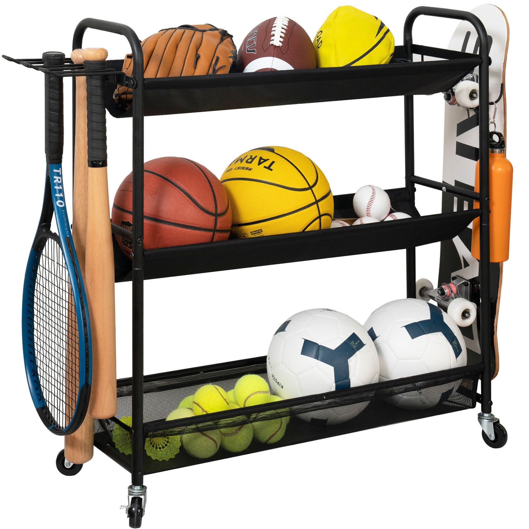 STORAGE MANIAC Basketball Rack 3-Shelf Training Stand Ball Holder Sports Ball Cart Garage Organizer Ball Basket Storage, Ball Rack for Garage or Gym, Indoor & Outdoor Sports Equipment Organizer