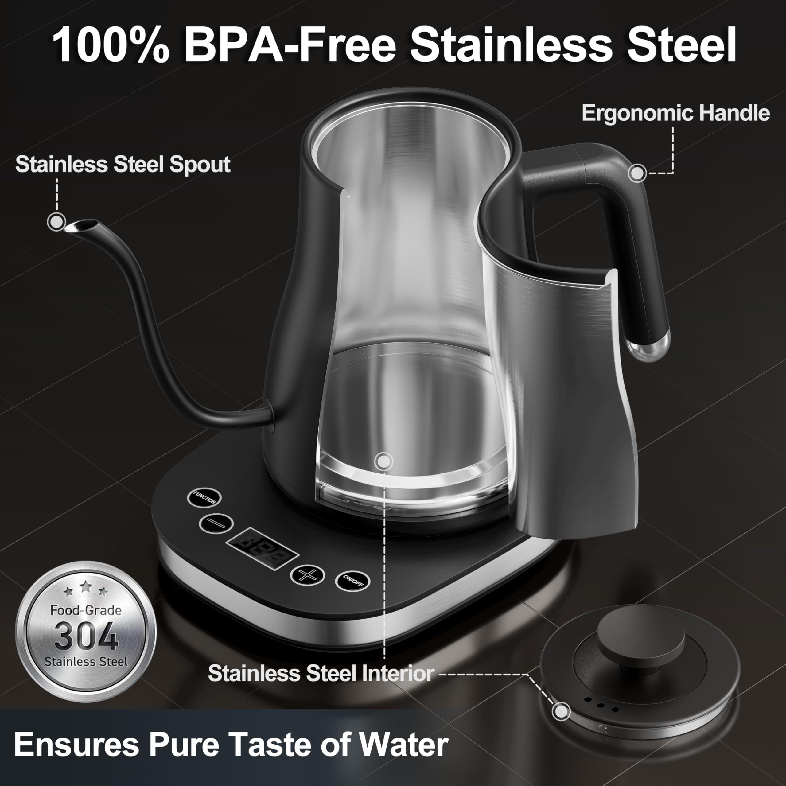 Stariver Gooseneck Electric Kettle with 5 Temperature Control Presets, Pour Over Coffee Kettle ±2℉ Temp Control, 1.2L Gooseneck Kettle, for Tea& Coffee, Stainless Steel Interior, 1000W, Black - Image 4