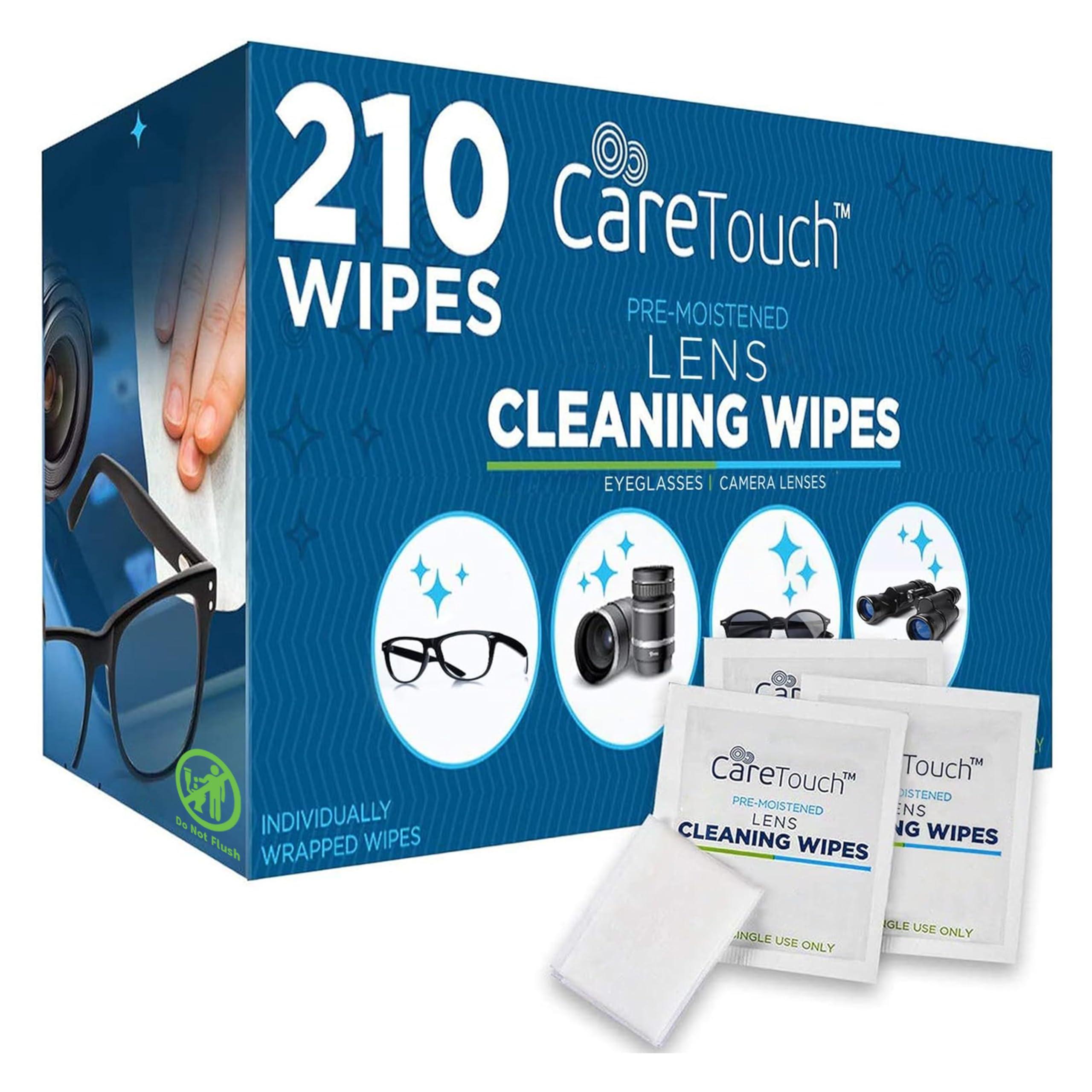 Care Touch Lens Wipes for Eyeglasses - 210 Individually Wrapped Pre-Moistened Wipes, 5x6 Inches - Cleaner for Glasses, Sunglasses, and Screens - Gentle and Portable for On-The-Go Cleaning of Devices