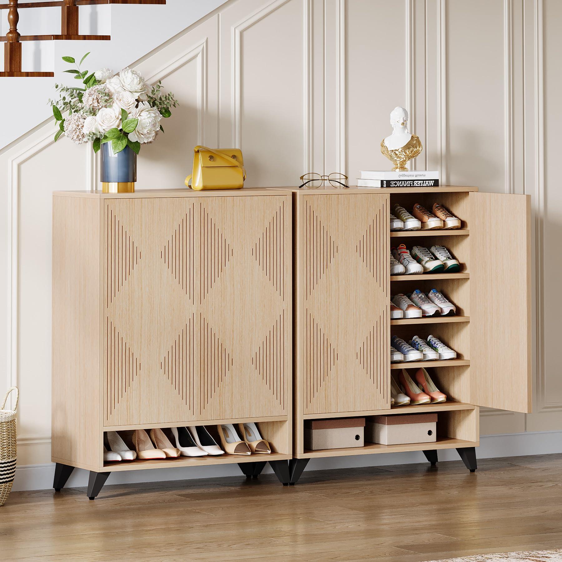 Tribesigns Shoe Cabinet with Doors, 6-Tier Entryway Shoe Storage Cabinet with Adjustable Shelves, Modern Wooden Shoe Organizer Cabinet for Living Room, Bedroom, Natural - Image 9