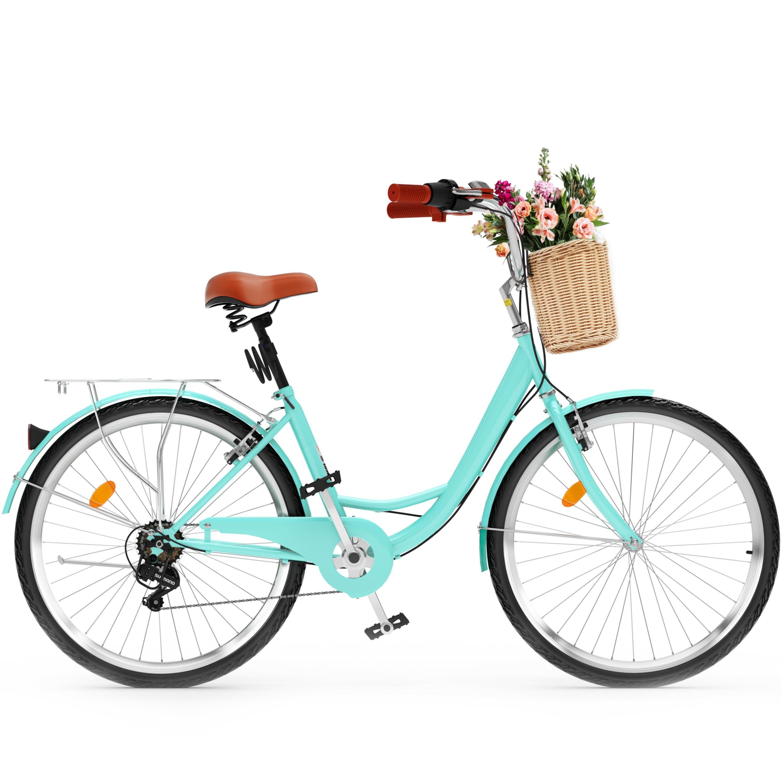 YITAHOME Beach Cruiser Bike for Women, 24 & 26 inch Commute Bike for Adults, 1 & 7 Speed Womens Bicycle with Basket Adjustable Seat, Multiple Color