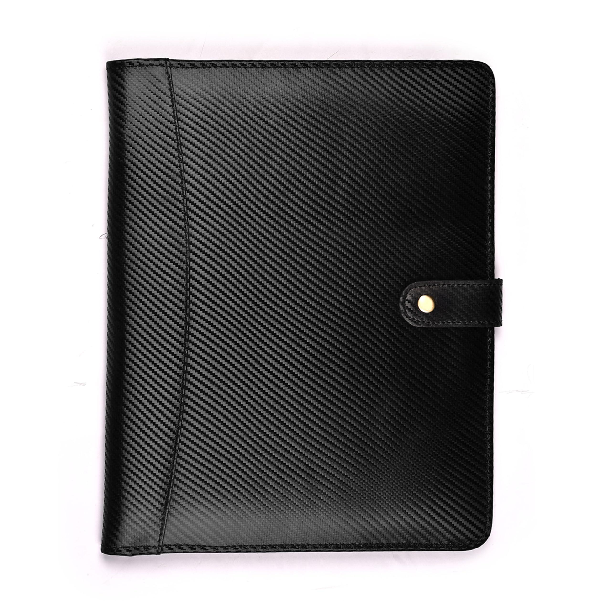 LEATHER VILLAGE Portfolio Professional Organizer – Carbon Fiber Genuine Leather Padfolio Resume Folder for A4 Letter Pad with Pen Holder, Business Card Slots – Ideal for Men & Women - Black