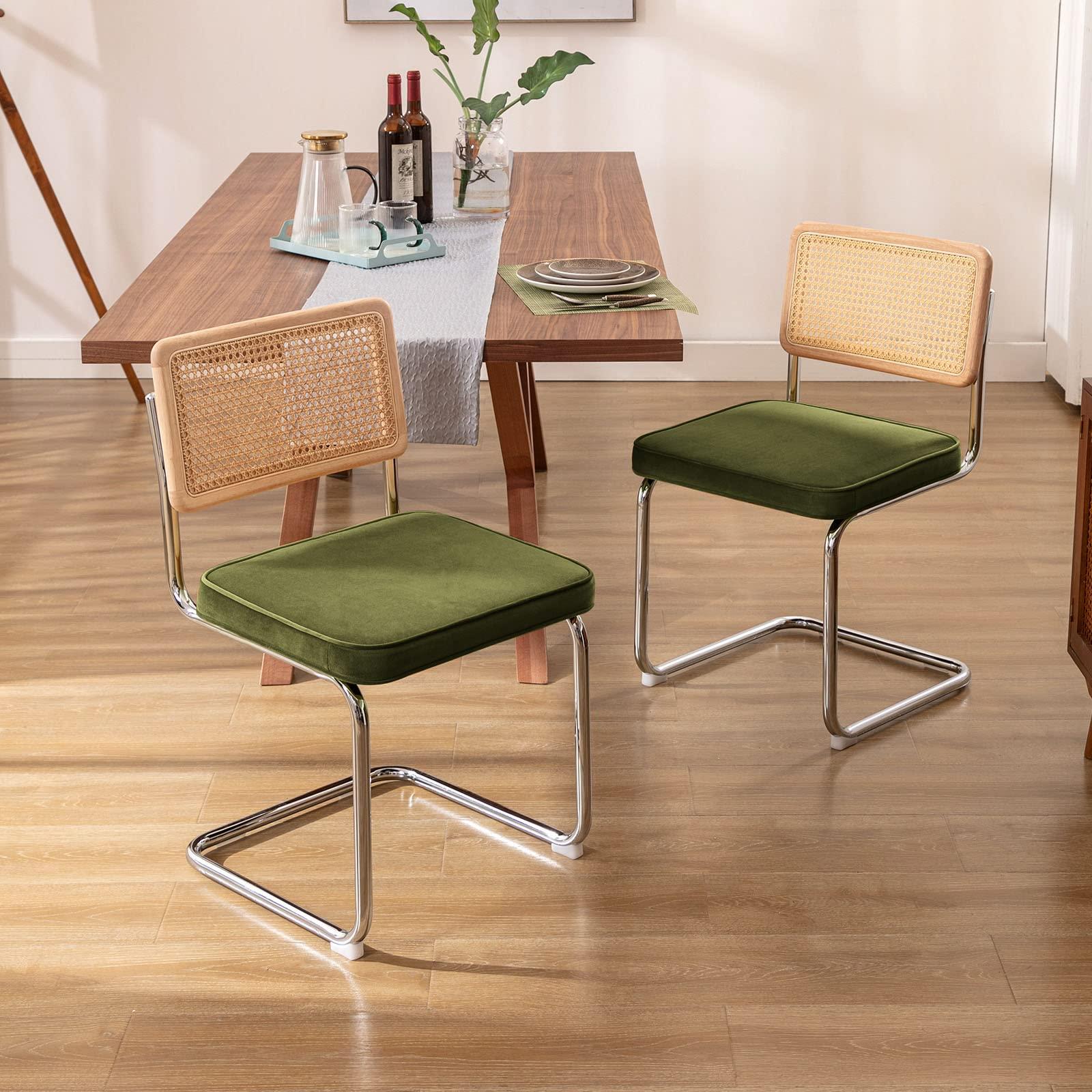Zesthouse Natural Rattan Dining Chairs Set of 2, Modern Boho Kitchen Chairs with Solid Wood Back & Chrome Base, Mid Century Breuer Design Inspired, Upholstered Velvet Fabric, Green - Image 2