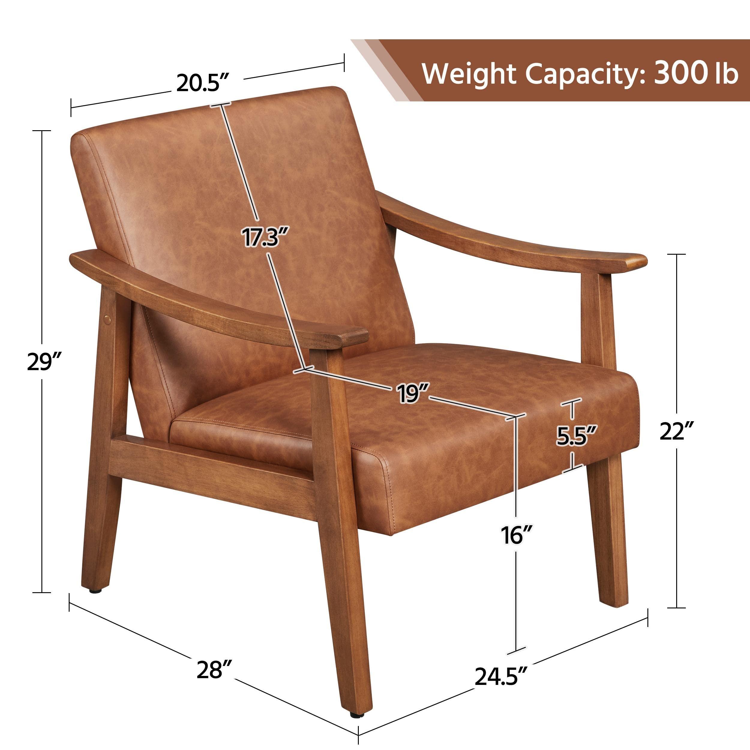 Yaheetech PU Leather Accent Chair, Mid-Century Modern Armchair with Solid Wood Legs, Reading Leisure Chair for Living Room Bedroom Waiting Room, Light Brown, Set of 2 - Image 3