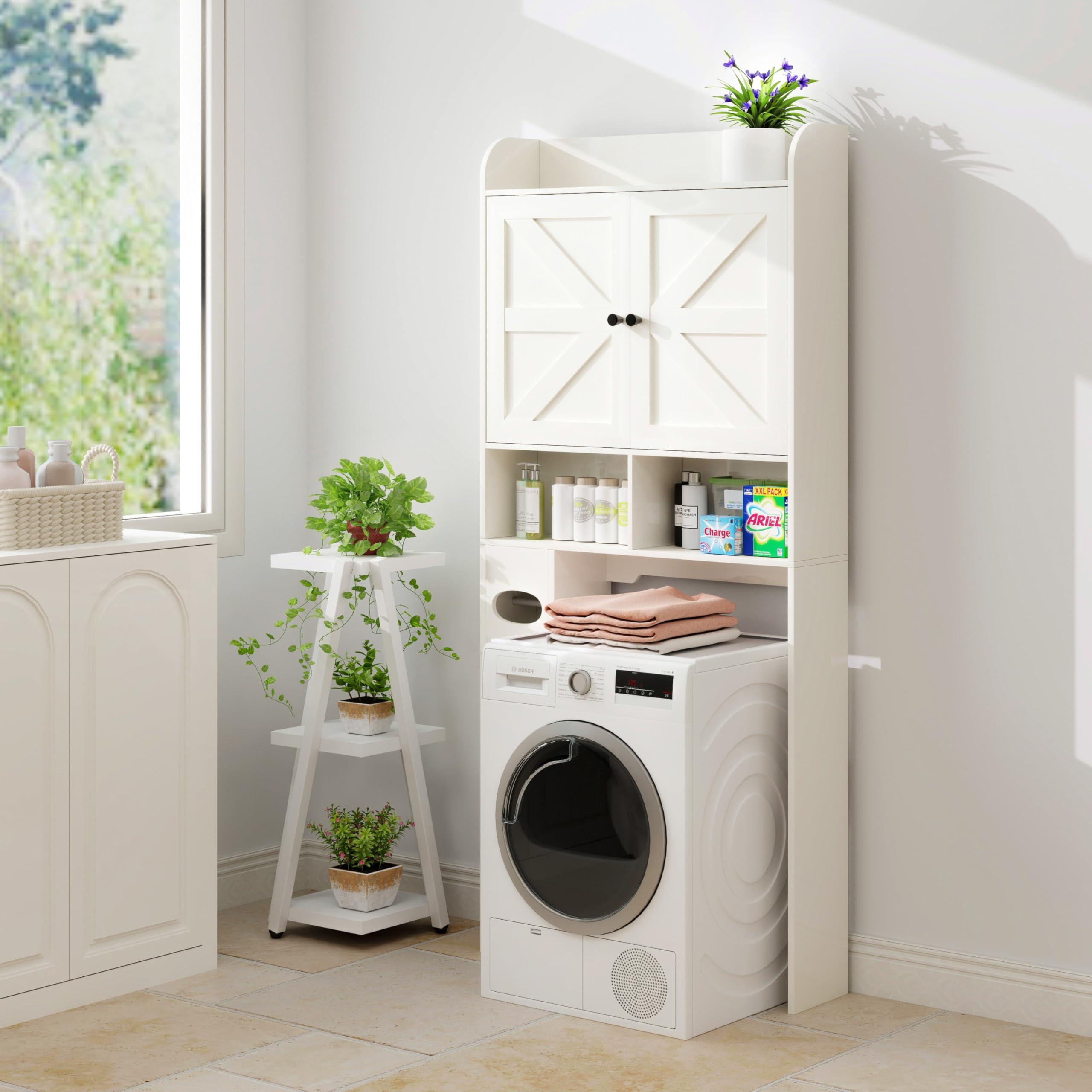 MUUEGM Over The Toilet Storage Cabinet with Barn Doors, White Bathroom Organizer Shelf, Tall Bathroom Storage Cabinet with Toilet Paper Holder, Above Toilet Cabinet for Restroom, Laundry - Image 9