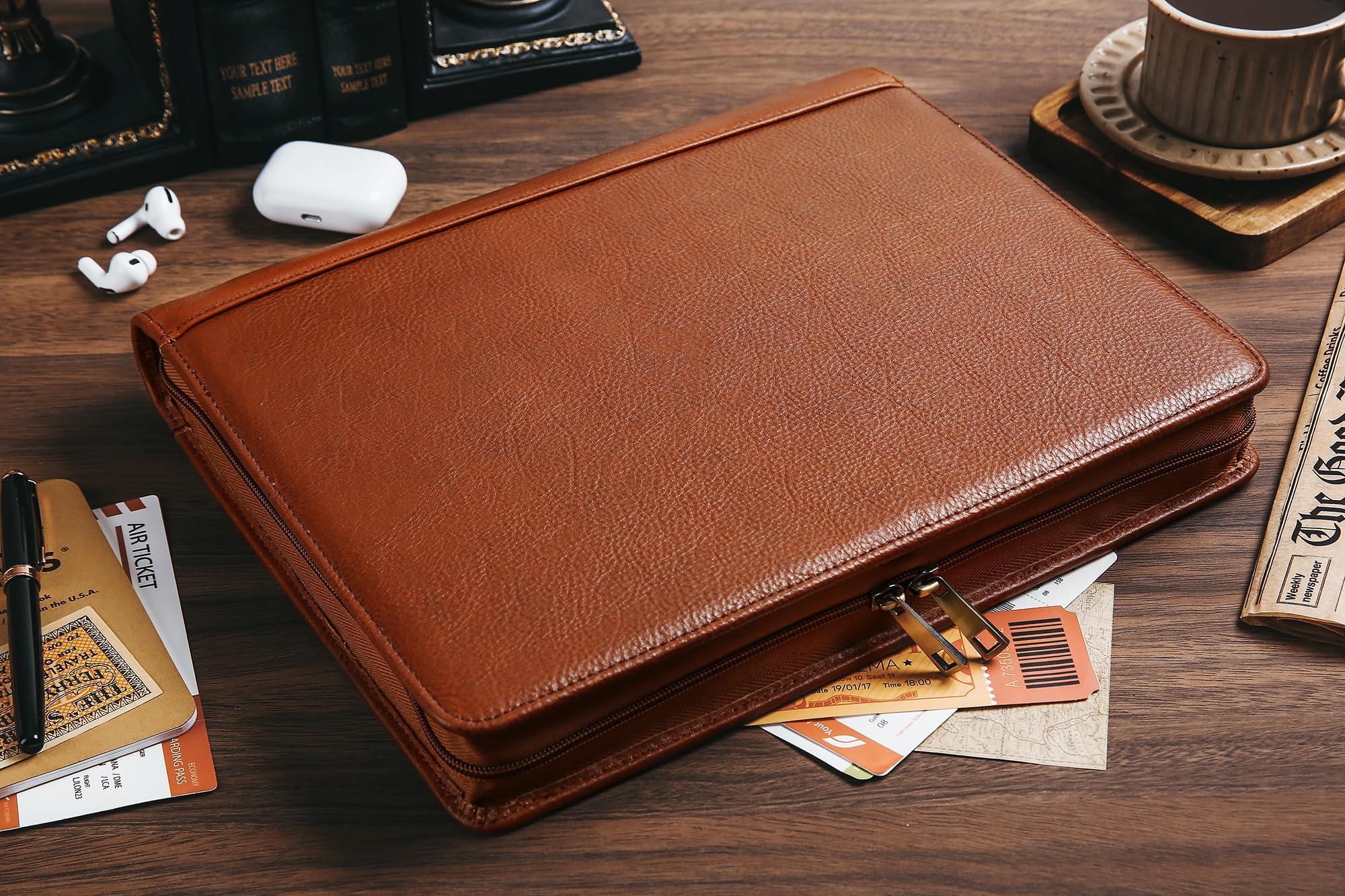 Handmade Genuine Leather Portfolio Organizer for IPad/Document, Business Padfolio with A4 Leather Notepad Holder, Leather Compact Folder Conference Portfolio for Men and Women, Oil-Brown - Image 2