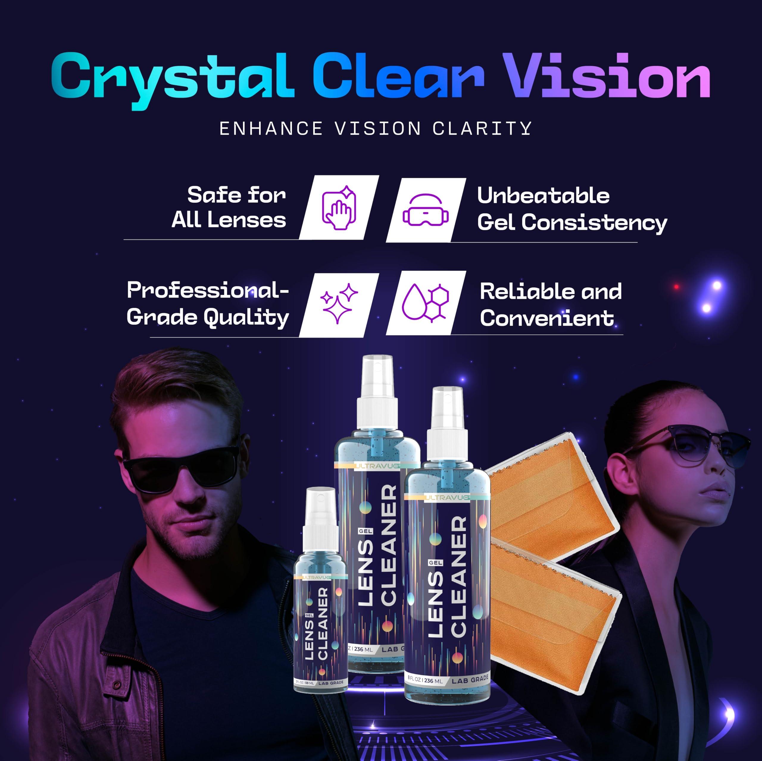 ULTRAVUE Eyeglass Gel Lens Cleaner Spray Kit - 2 x 8oz and 1 x 2oz Gel Eyeglasses Cleaner Spray Bottle + 2 Microfiber Cloth for Cleaning - Safe for All Lenses (AR Coated Included) - Image 2
