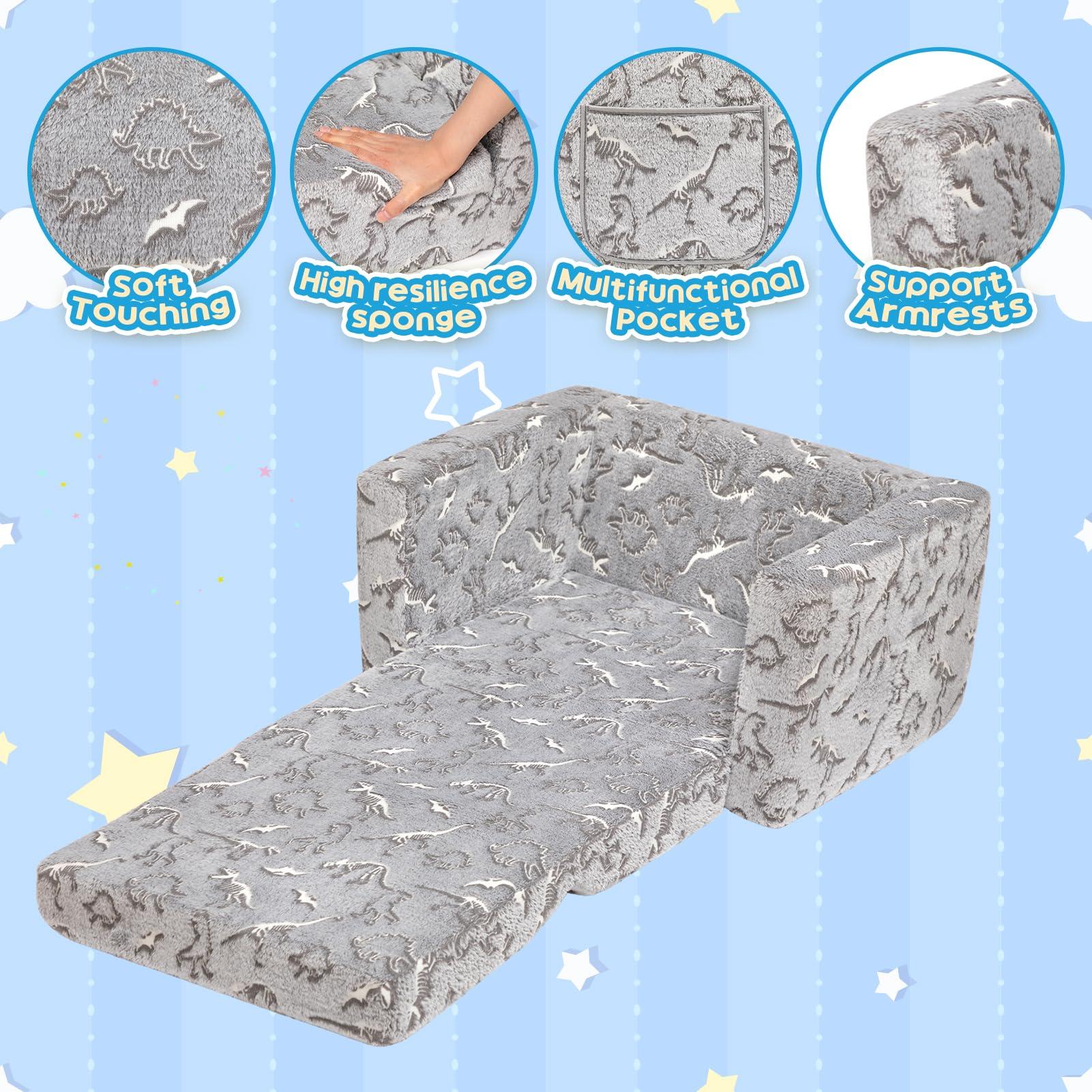ALIMORDEN 2-in-1 Flip Out Cuddly Sherpa Toddler Couch, Convertible Sofa to Lounger, Glow in The Dark,Dinosaurs - Image 5