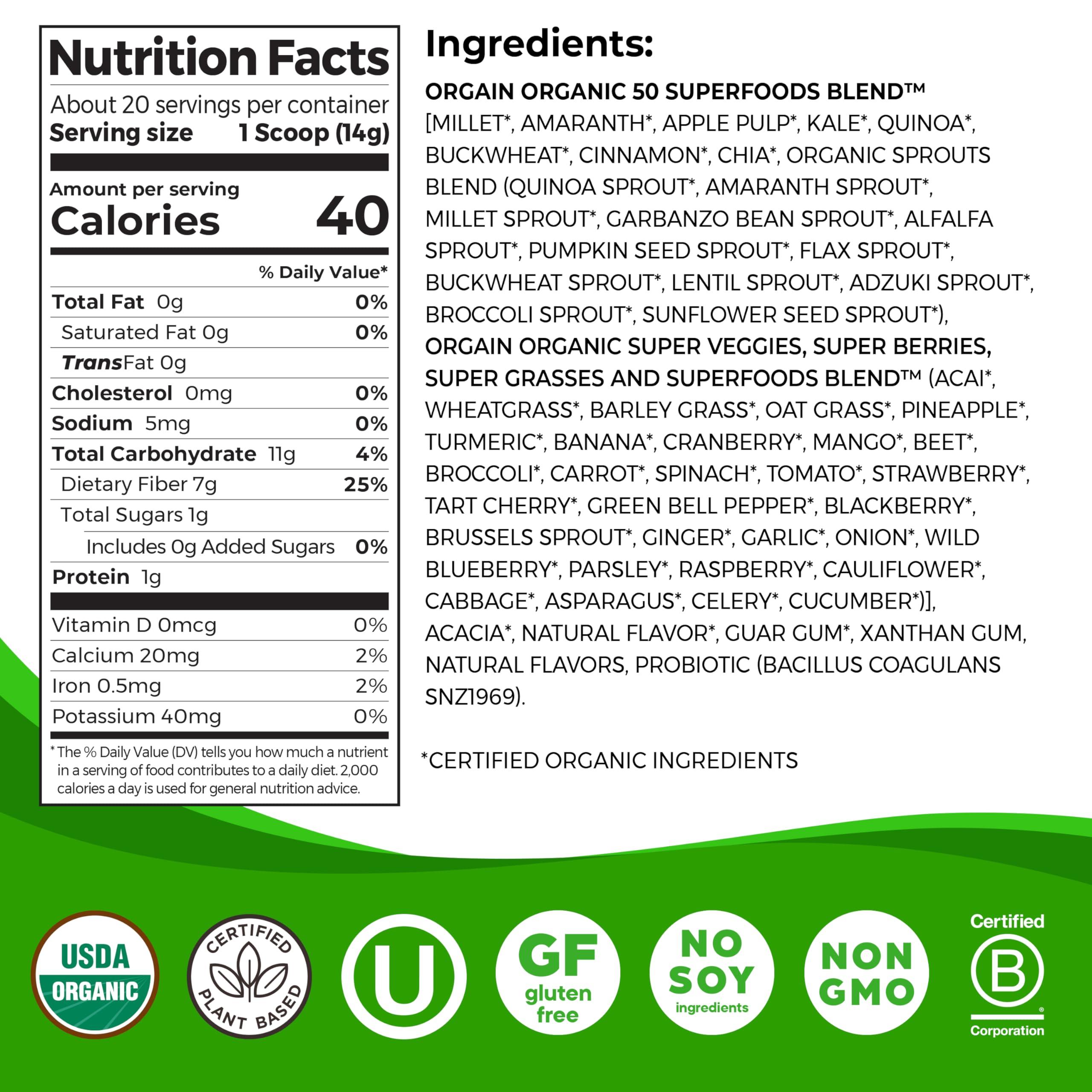 Orgain Organic Greens Powder + 50 Superfoods, Original - 1 Billion Probiotics for Digestive Health, Antioxidants, Vegan, Plant-Based, Gluten-Free, Non-GMO, Green Juice & Smoothie Drink Mix - 0.62lb - Image 2