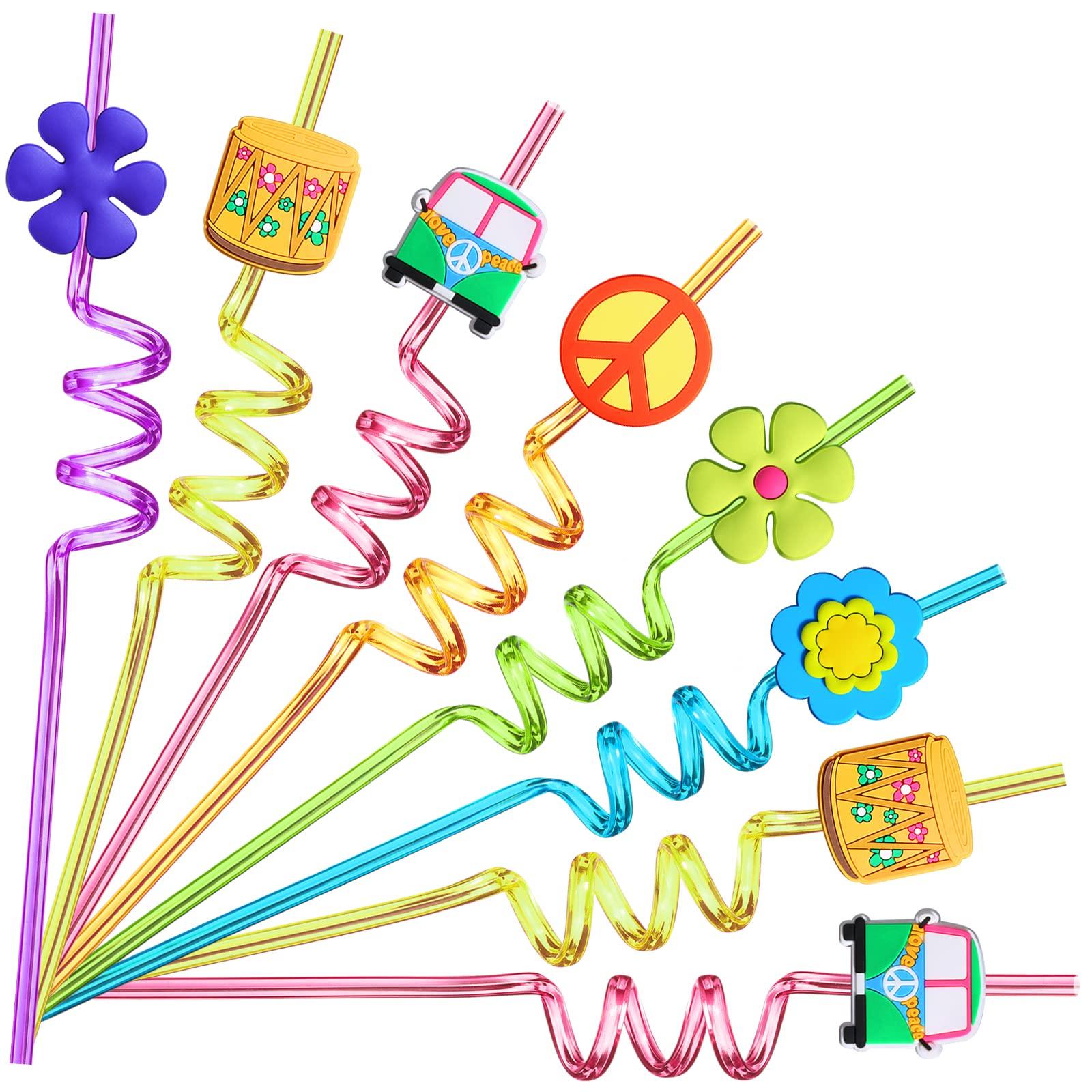 24 60's Hippie Theme Party Favors Retro Flower Cutouts Peace Drinking Straws for 60s Groovy Party Supplies Tie Dye Birthday Party Supplies with 2 PCS Straws Cleaning Brush