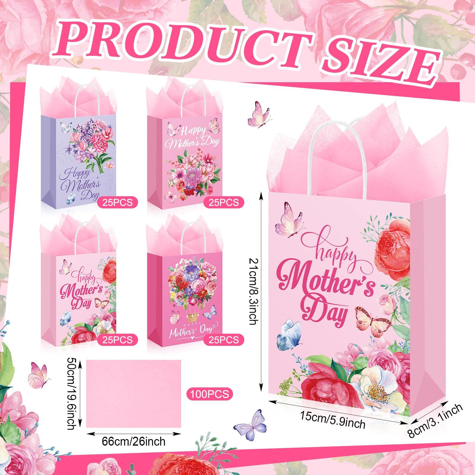 Kolldenn 100 Pcs Mother's Day Gift Bags Bulk Floral Happy Mothers Day Tissue Papers Floral Paper Bags with Handle for Mom Grandma Wife Mother's Day Gift Wrapping Supplies - Image 2