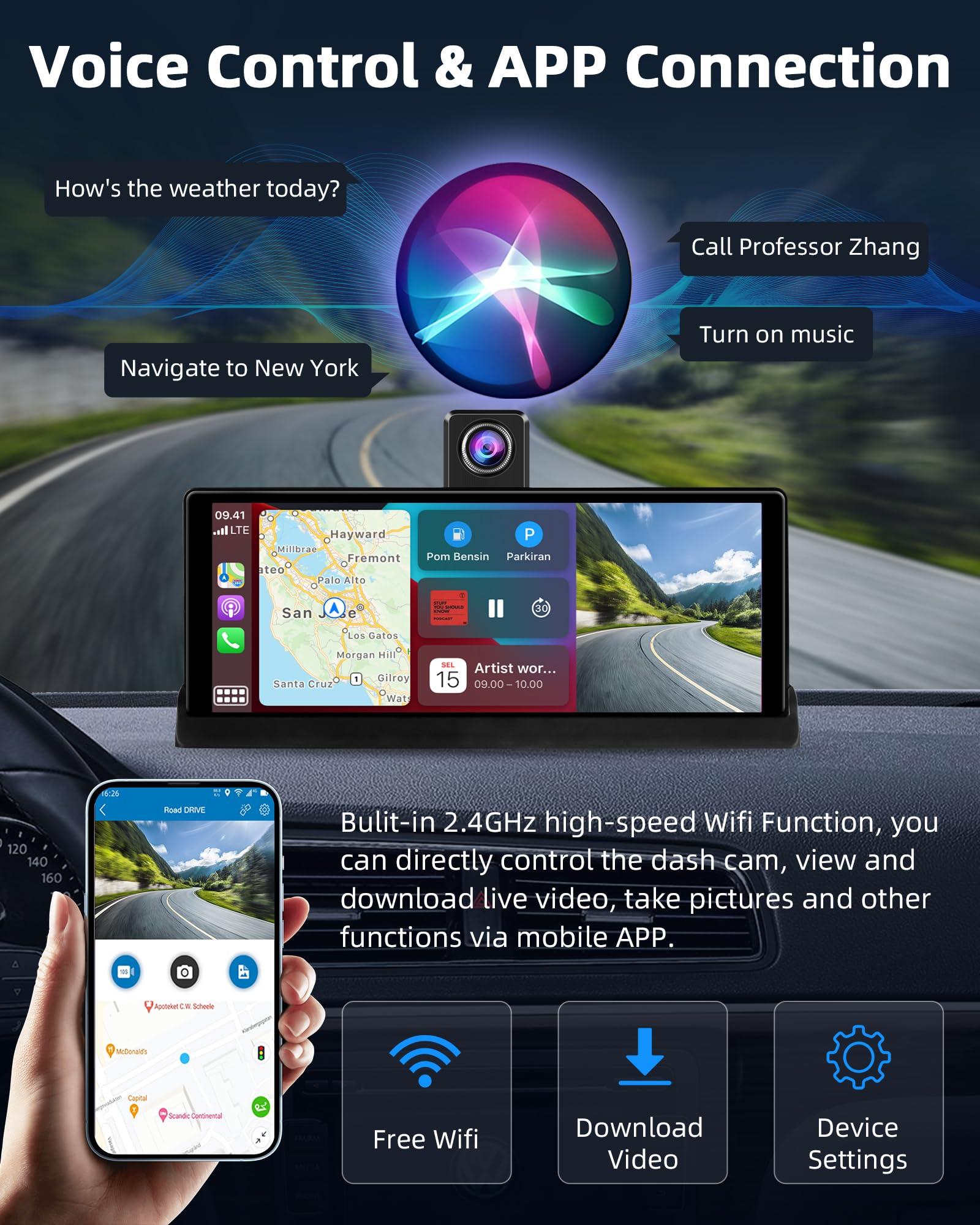 【350° Rotatable Lens】10.26''Wireless Apple CarPlay Screen for Car & 4K Dash Cam Portable Android Auto Car Stereo, Car Audio Receivers 1080P Backup Camera, Bluetooth/GPS Navigation/AirPlay/Googel/Siri - Image 6