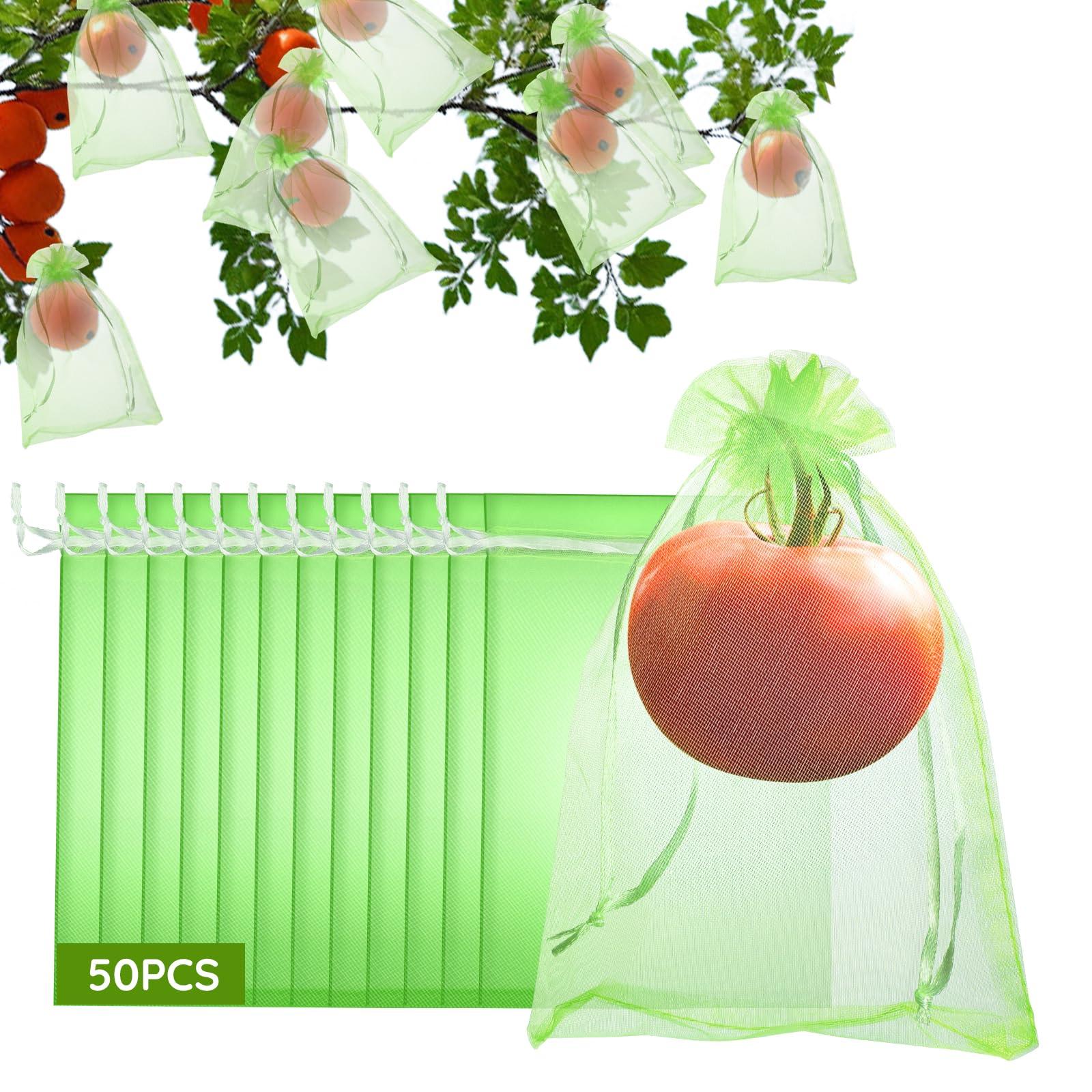 ENPOINT 50 Pcs Fruit Protection Bags, 6"x9" Garden Netting Green Bags for Fruits & Vegetables, Deer Netting Mesh Bag Drawstring, Green Bags for Produce Mango Tree Apple Tree Fruit Trees Plant Flower