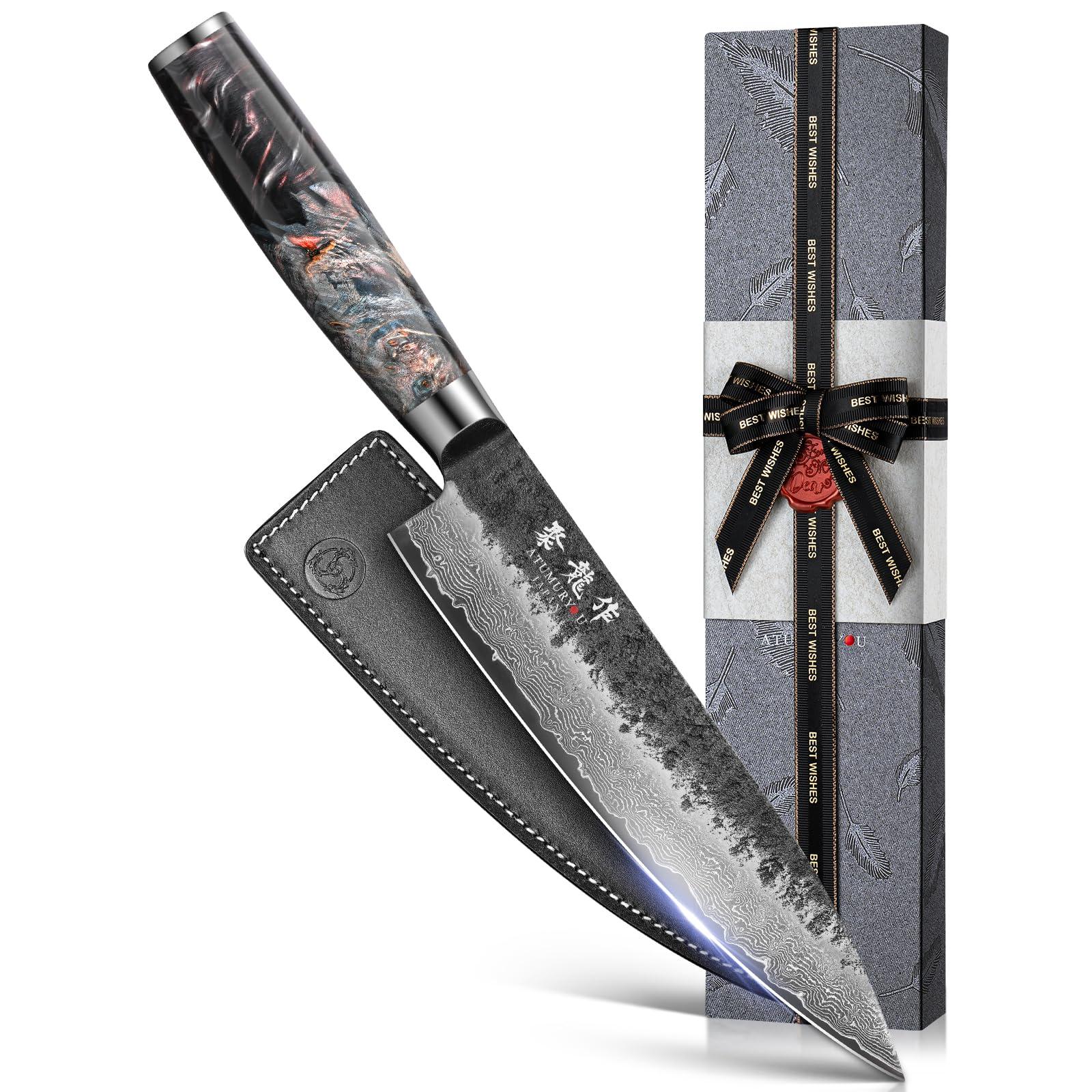 Japanese Chef Knife, 8 Inch Damascus Kitchen Knife with VG10 Steel Core, Professional Black Forged Kitchen Knives with Ergonomic Handle, Leather Sheath & Luxury Gift Box, Birthday Gifts for Men Women