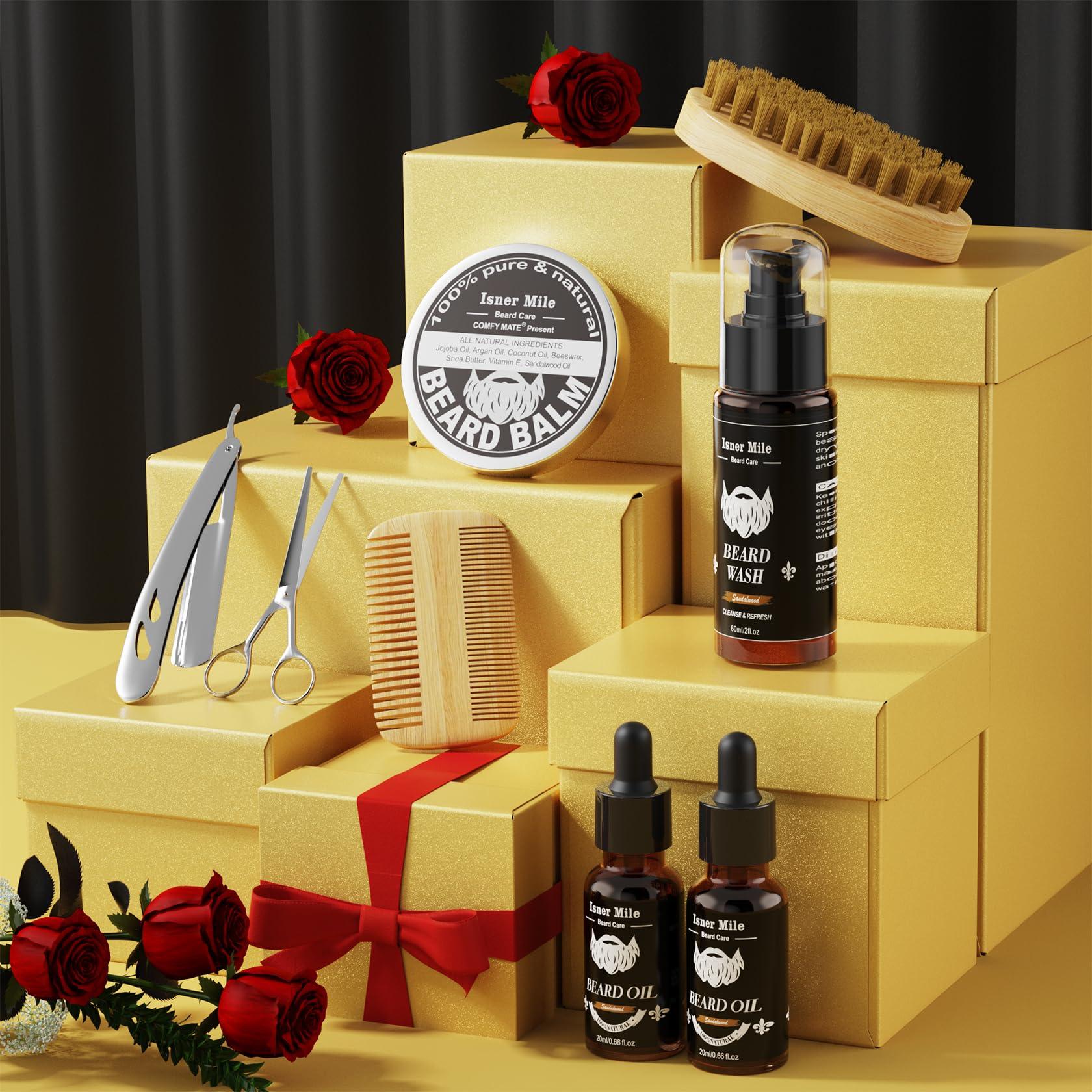 Isner Mile Beard Grooming Kit for Men: Trimming Sets with Beard Wash/Shampoo - Oil - Balm - Brush - Comb - Scissors & Storage Bag, Valentines Birthday Fathers Gifts for Dad Men Husband Boyfriend - Image 8