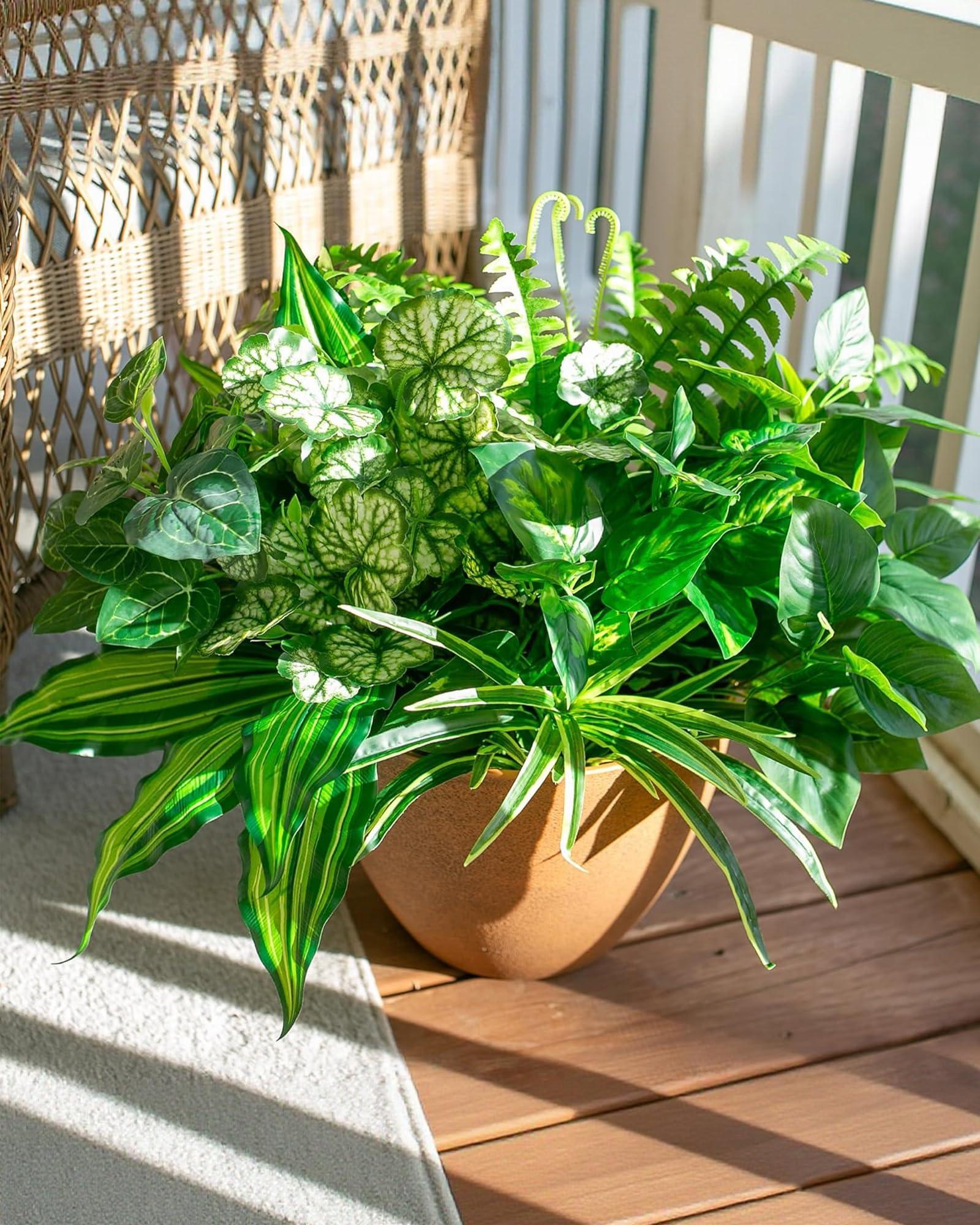 Starttag Artificial Greenery Plants Fake Plastic Leaves with Stems UV Resistant Large Bunches Outside Faux Plants Bushes for Outdoor Patio Garden Front Porch Yard Decor (Green)