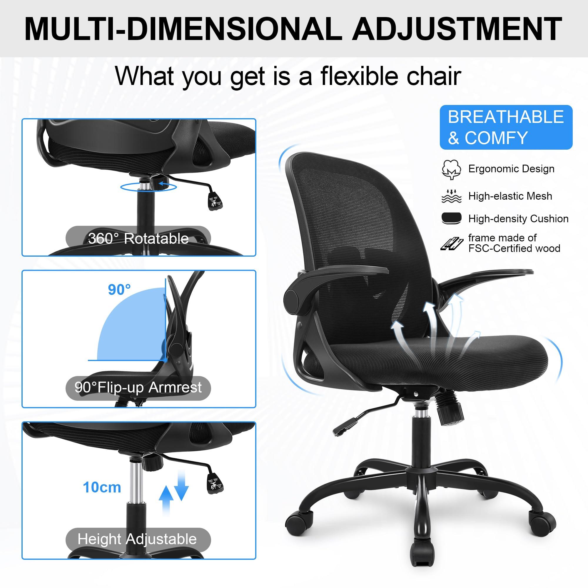Primy Office Chair Ergonomic Desk Chair with Flip up Armrests Swivel Breathable Desk Mesh Computer Chair with Adjustable Lumbar Support and Height for Conference Room (Black) - Image 8