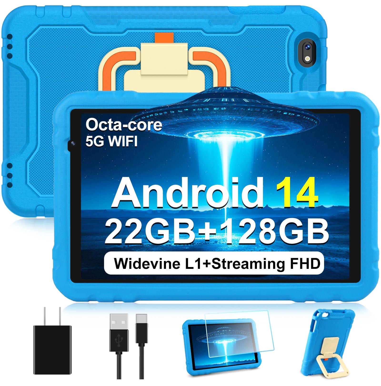 2025 Android 14 Tablet, 10 inch Tablets 22GB+128GB +1TB Expand, 8000mAh Octa-Core Tablet w/ Drop-proof Case, HD IPS Display, GPS, 5G WIFI, Split Screen,Widevine L1, for Adults and Kids -Metal Blue