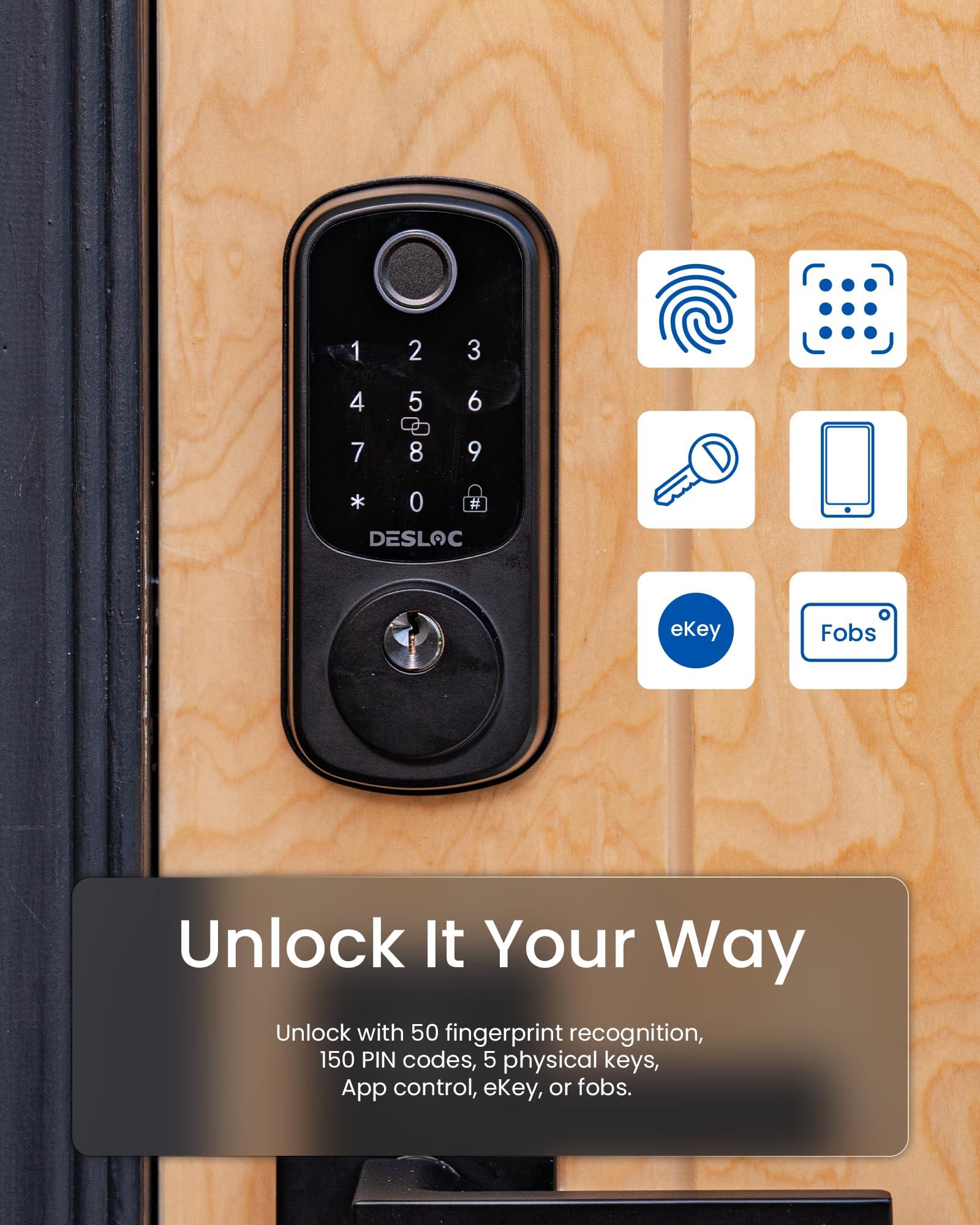 DESLOC B200 Fingerprint Smart Door Lock, Keyless Entry Door Lock, App Control, Smart Locks for Front Door, Smart Deadbolt Lock, Touchscreen Keypad, Emergency Power Port, 12 Months Battery, IP54 - Image 2